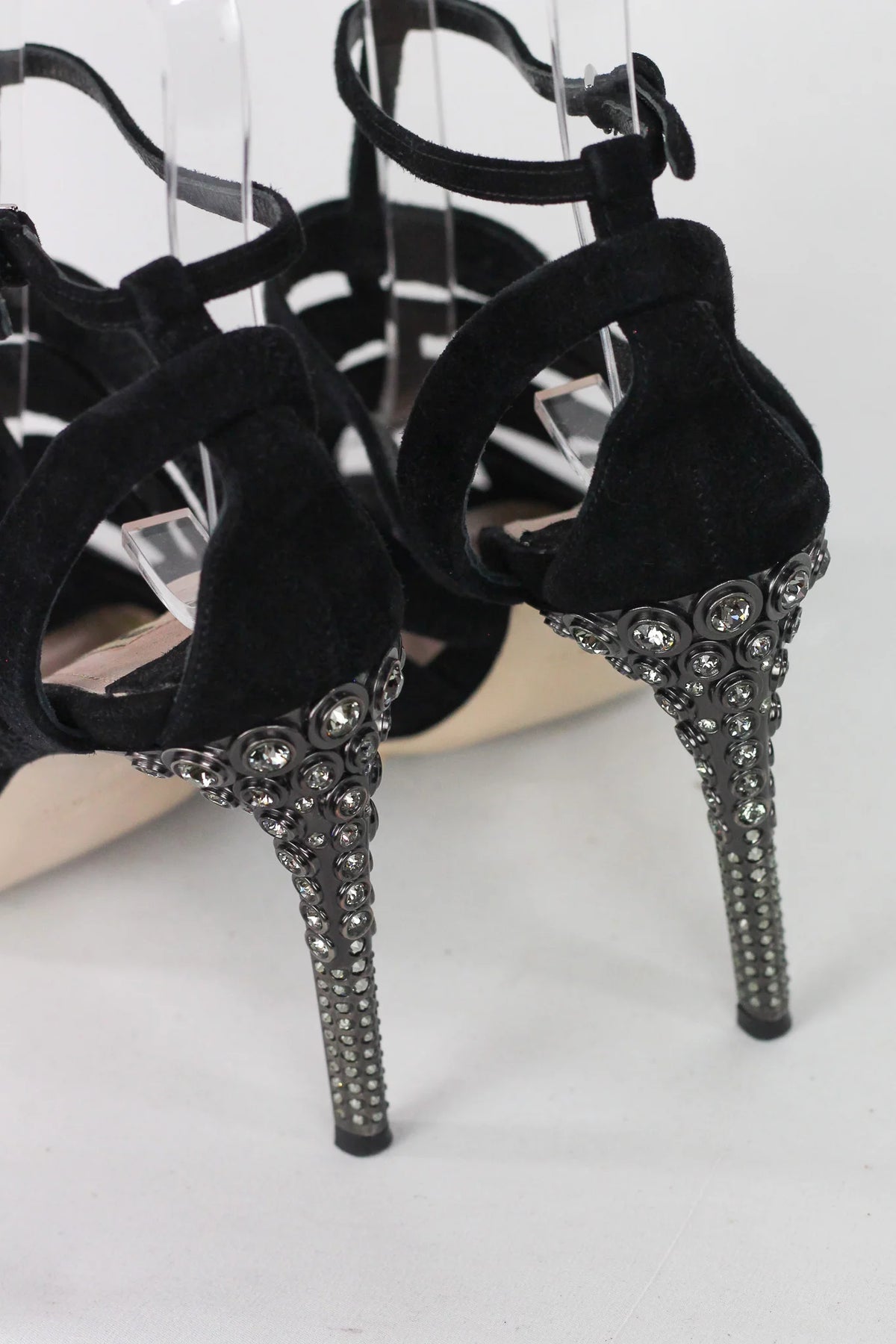 Black Suede Crystal-Heel Strappy Sandals