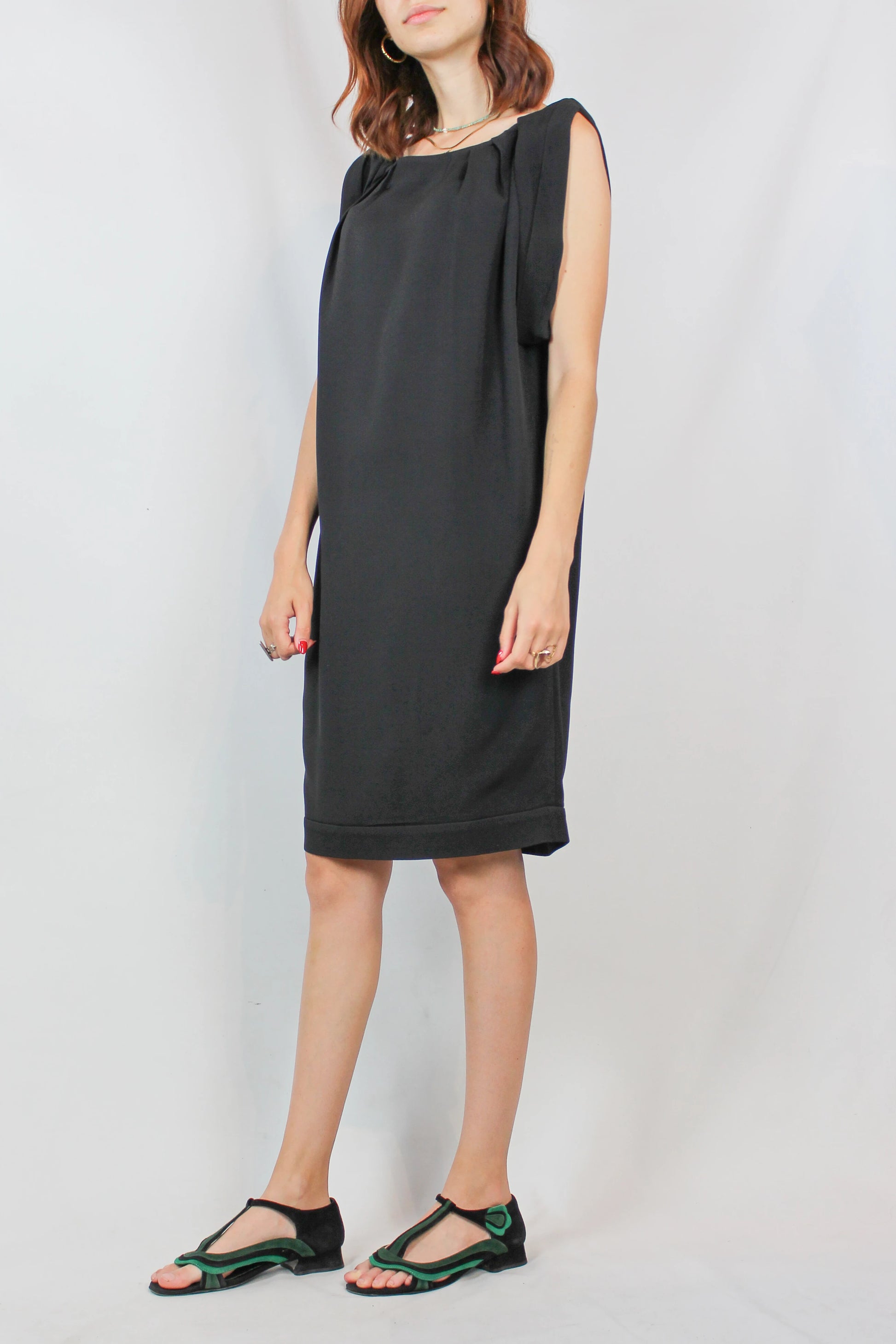 Black Sack Dress with Ruched Neckline and Rolled Sleeves