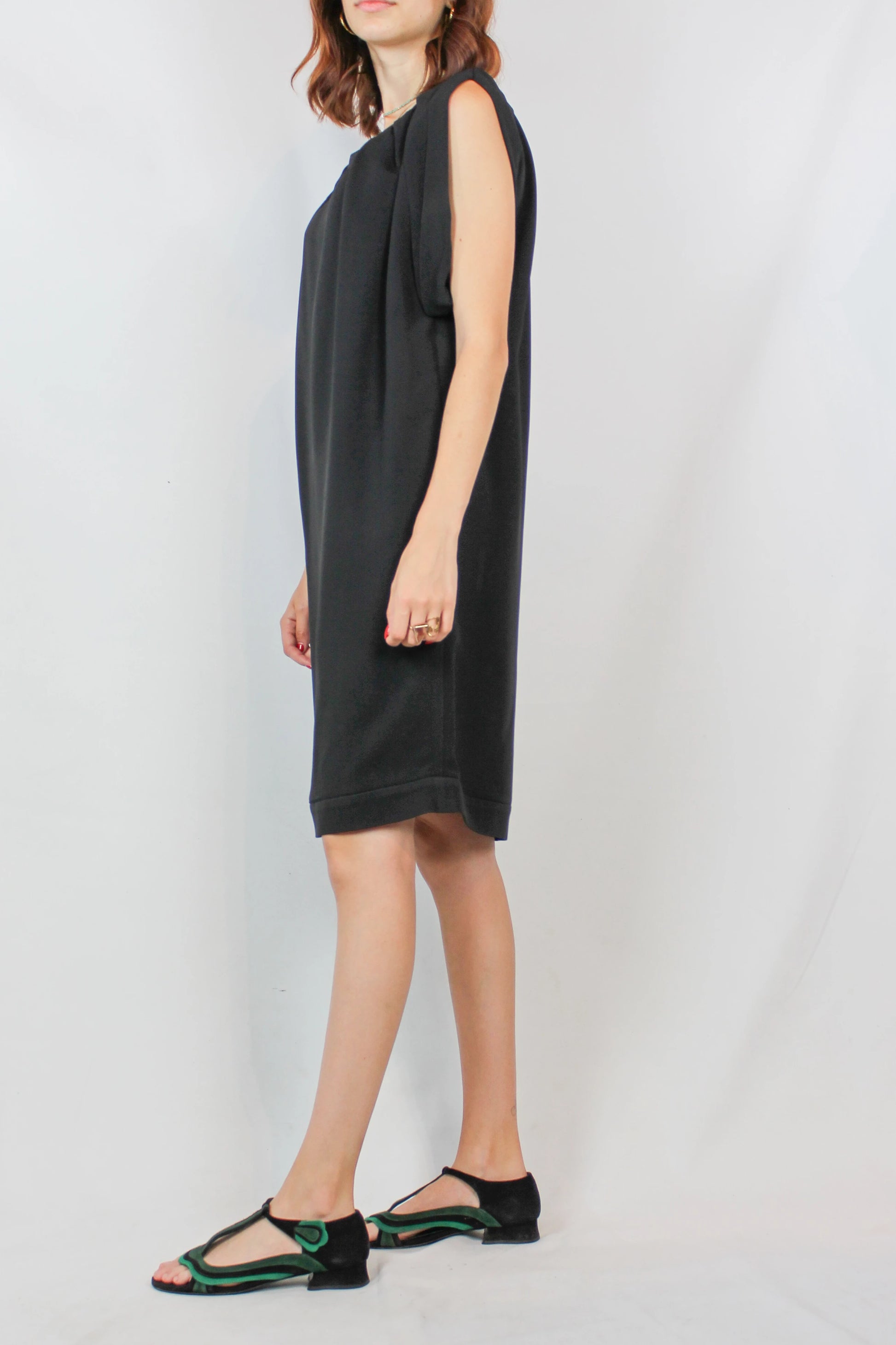 Black Sack Dress with Ruched Neckline and Rolled Sleeves