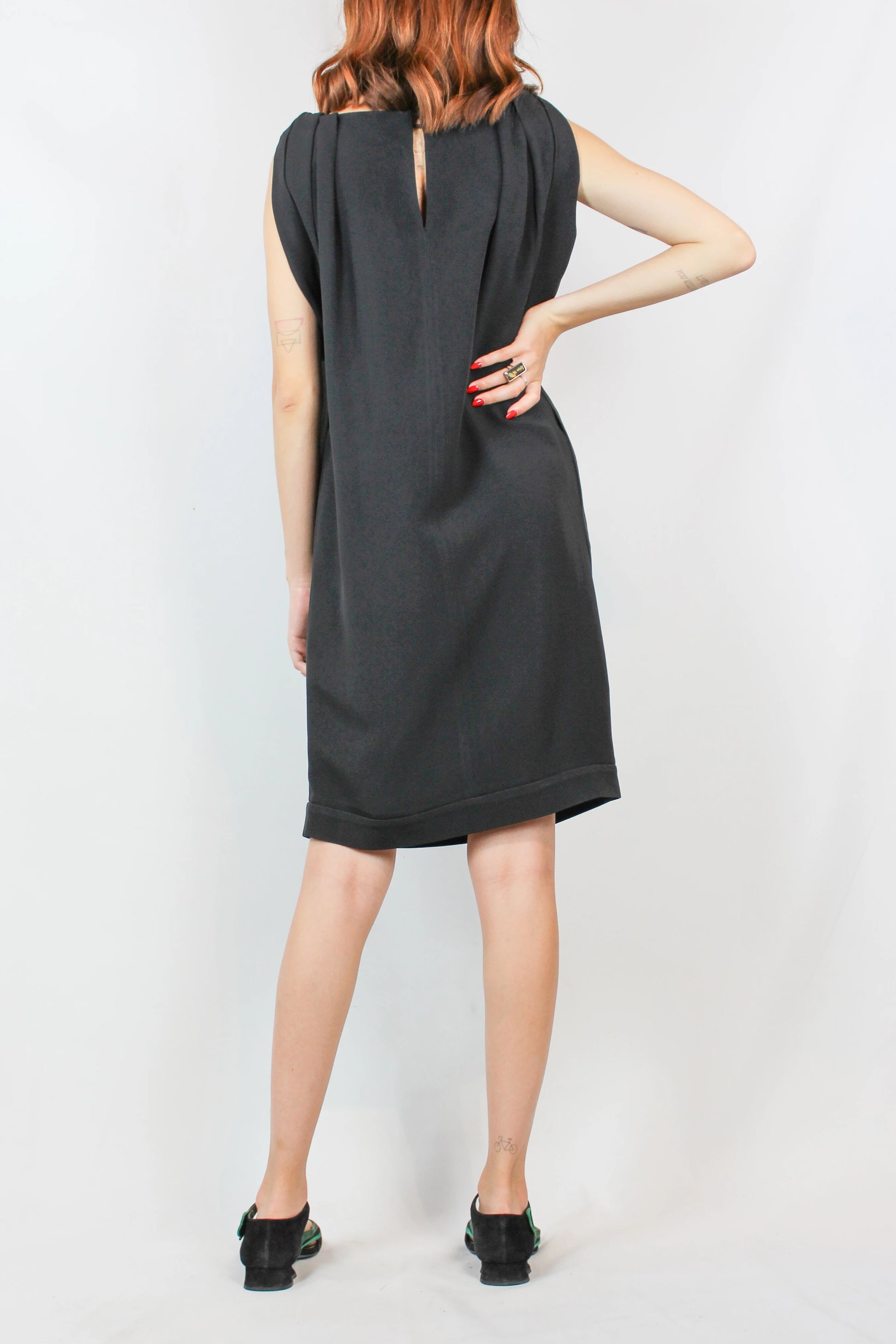 Black Sack Dress with Ruched Neckline and Rolled Sleeves