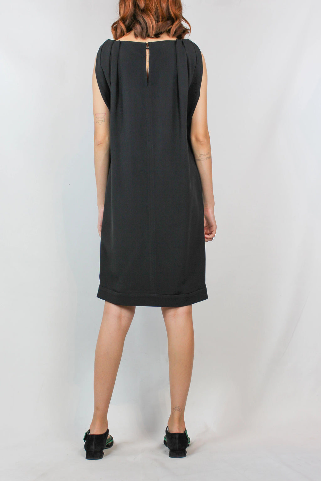 Black Sack Dress with Ruched Neckline and Rolled Sleeves