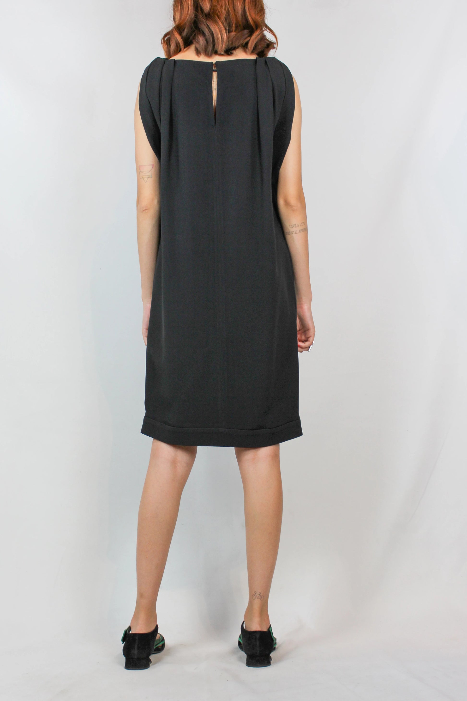 Black Sack Dress with Ruched Neckline and Rolled Sleeves