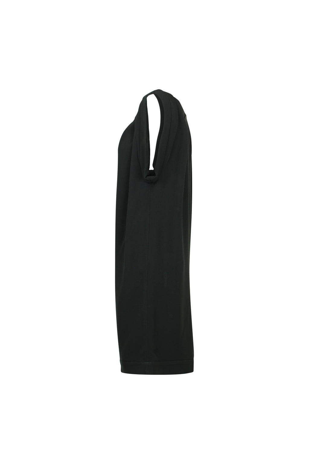 Black Sack Dress with Ruched Neckline and Rolled Sleeves
