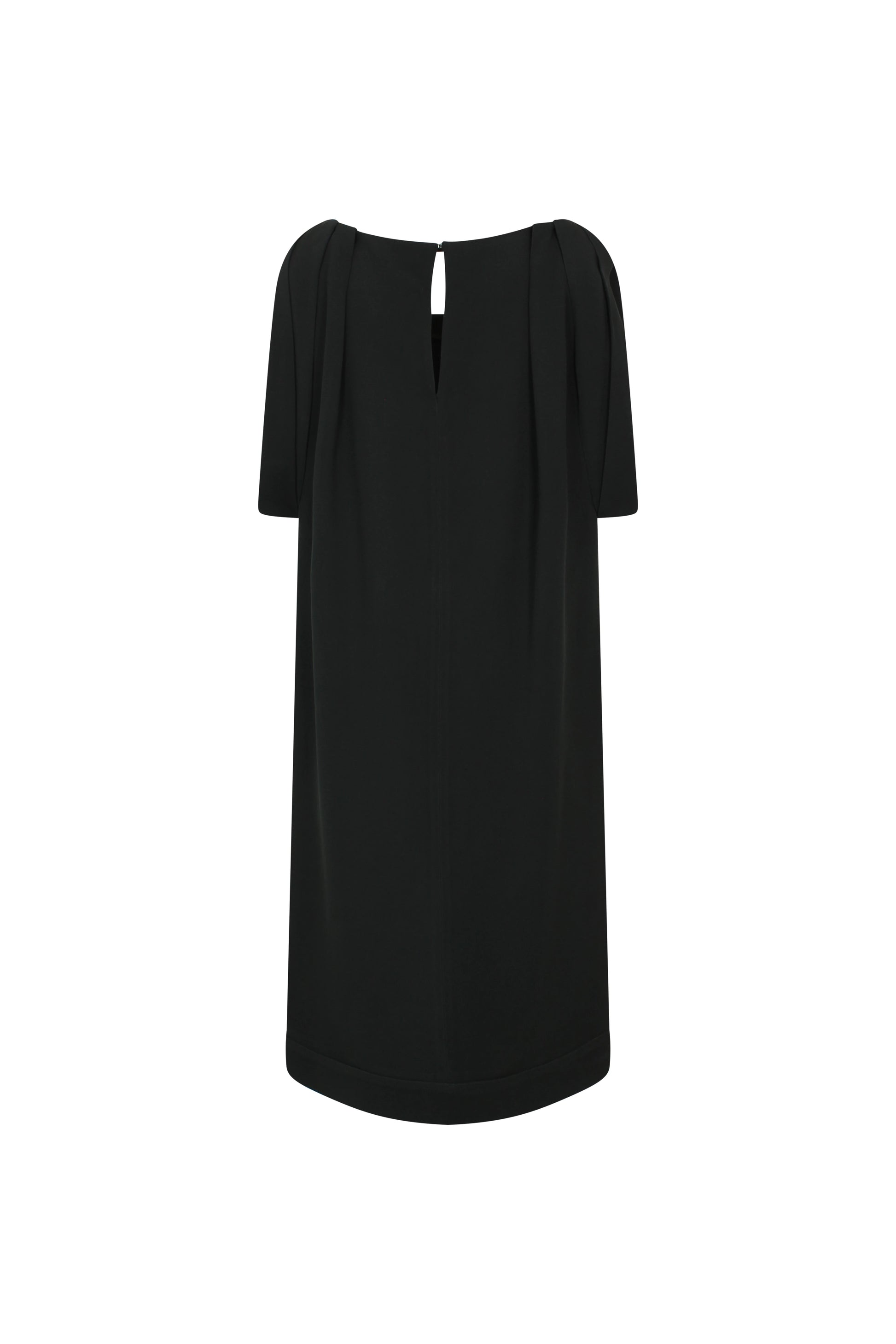 Black Sack Dress with Ruched Neckline and Rolled Sleeves
