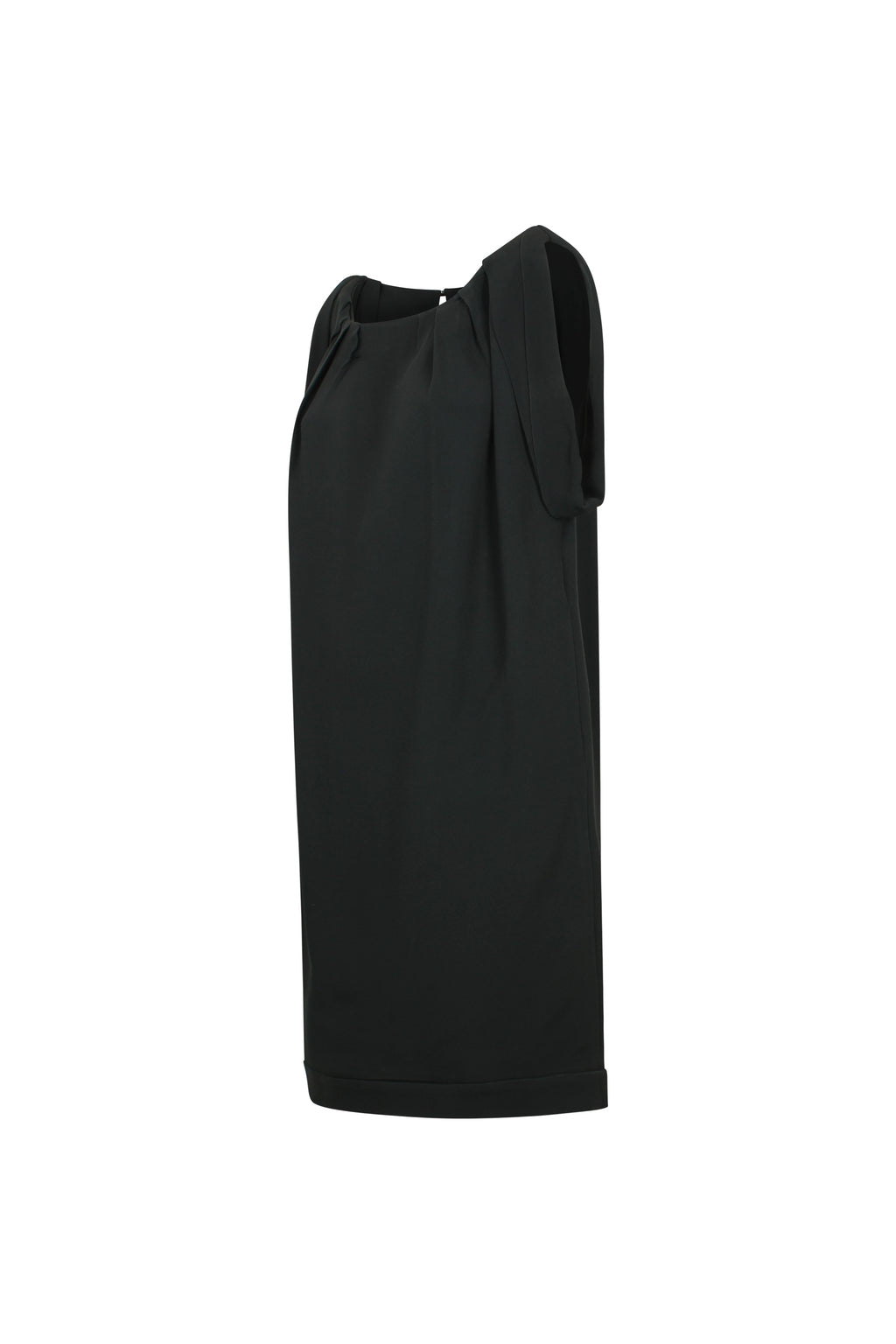 Black Sack Dress with Ruched Neckline and Rolled Sleeves