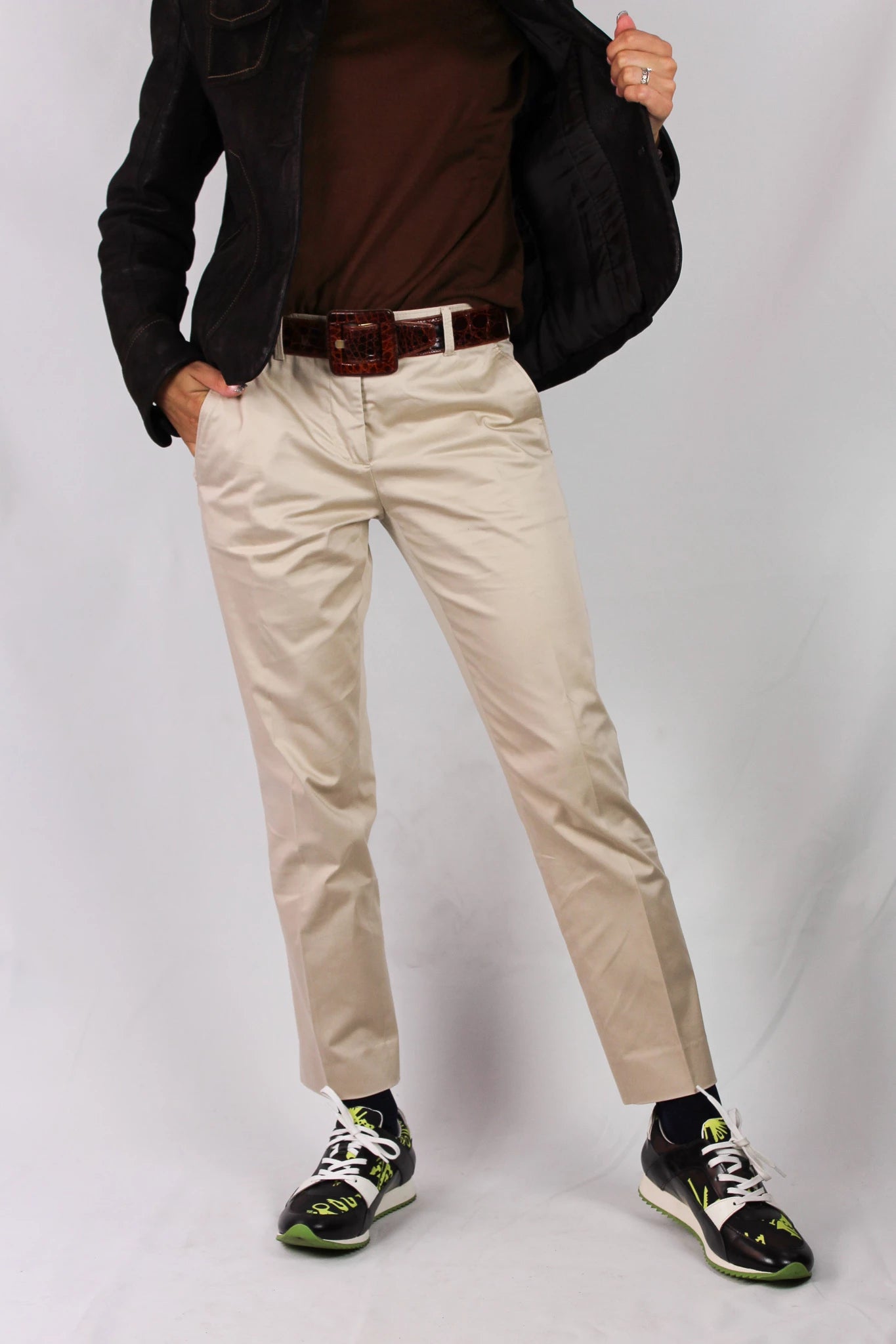 Beige Cropped Cotton Chino Trousers with Slim Leg