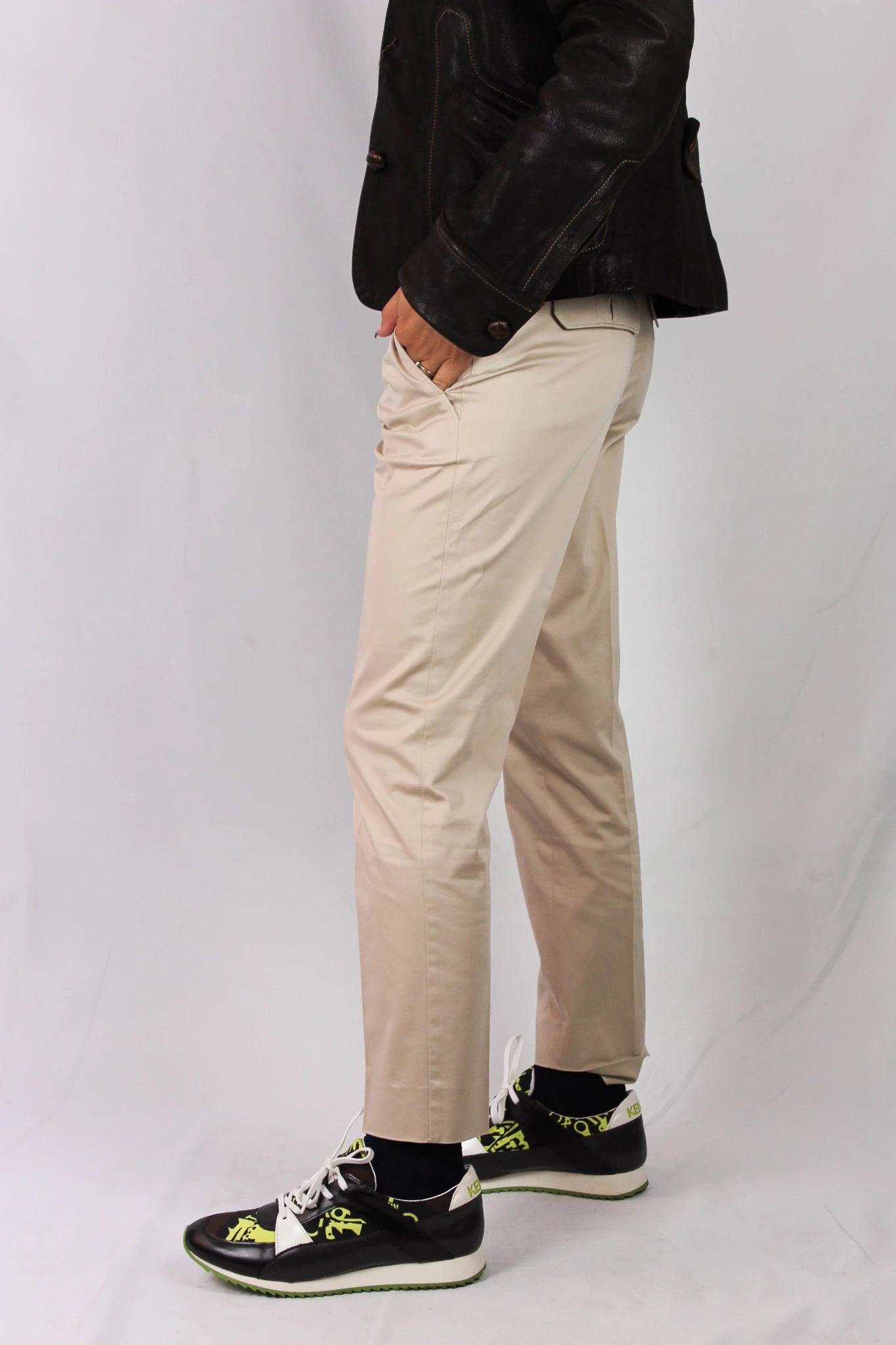 Beige Cropped Cotton Chino Trousers with Slim Leg