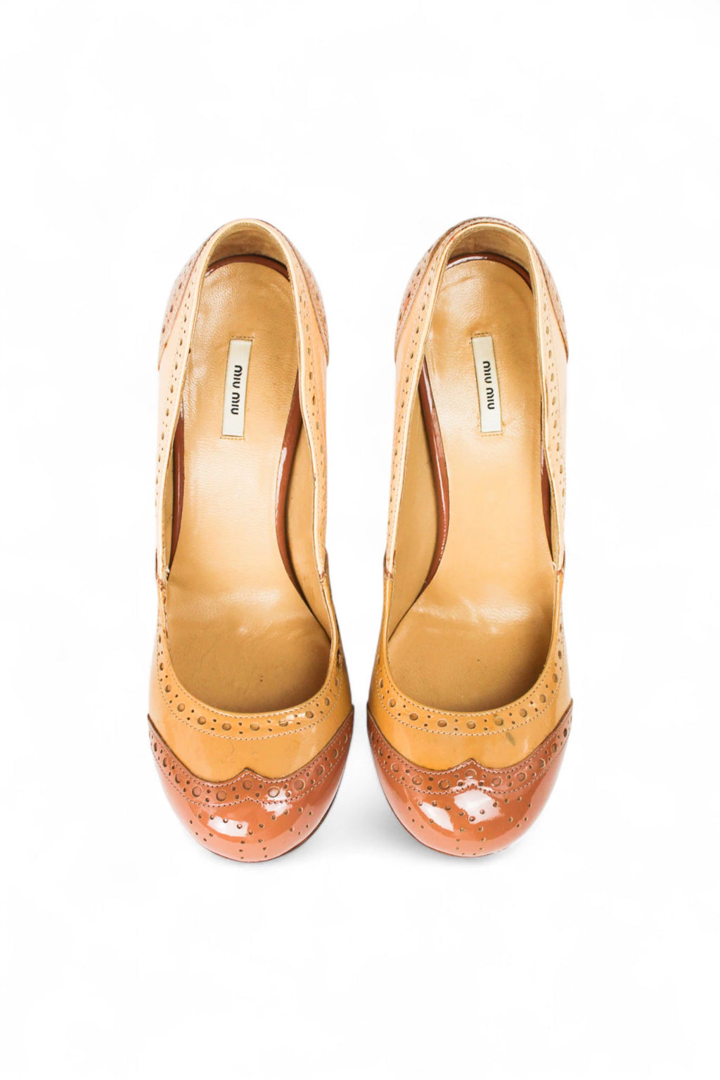 Brown and Beige Patent Pumps with Brogue Detailing