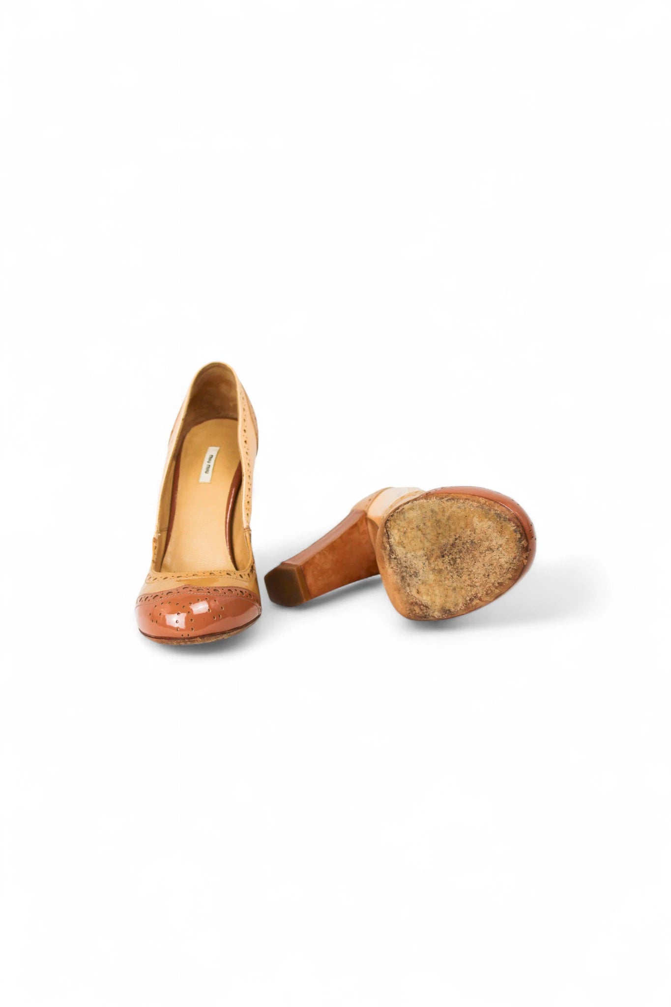 Brown and Beige Patent Pumps with Brogue Detailing