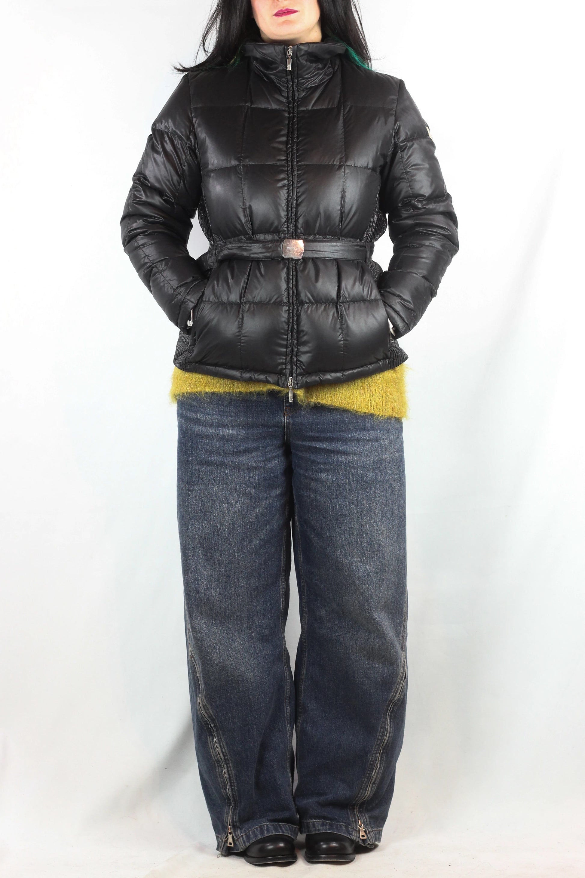 Black Puffer Jacket with Elastic Belt
