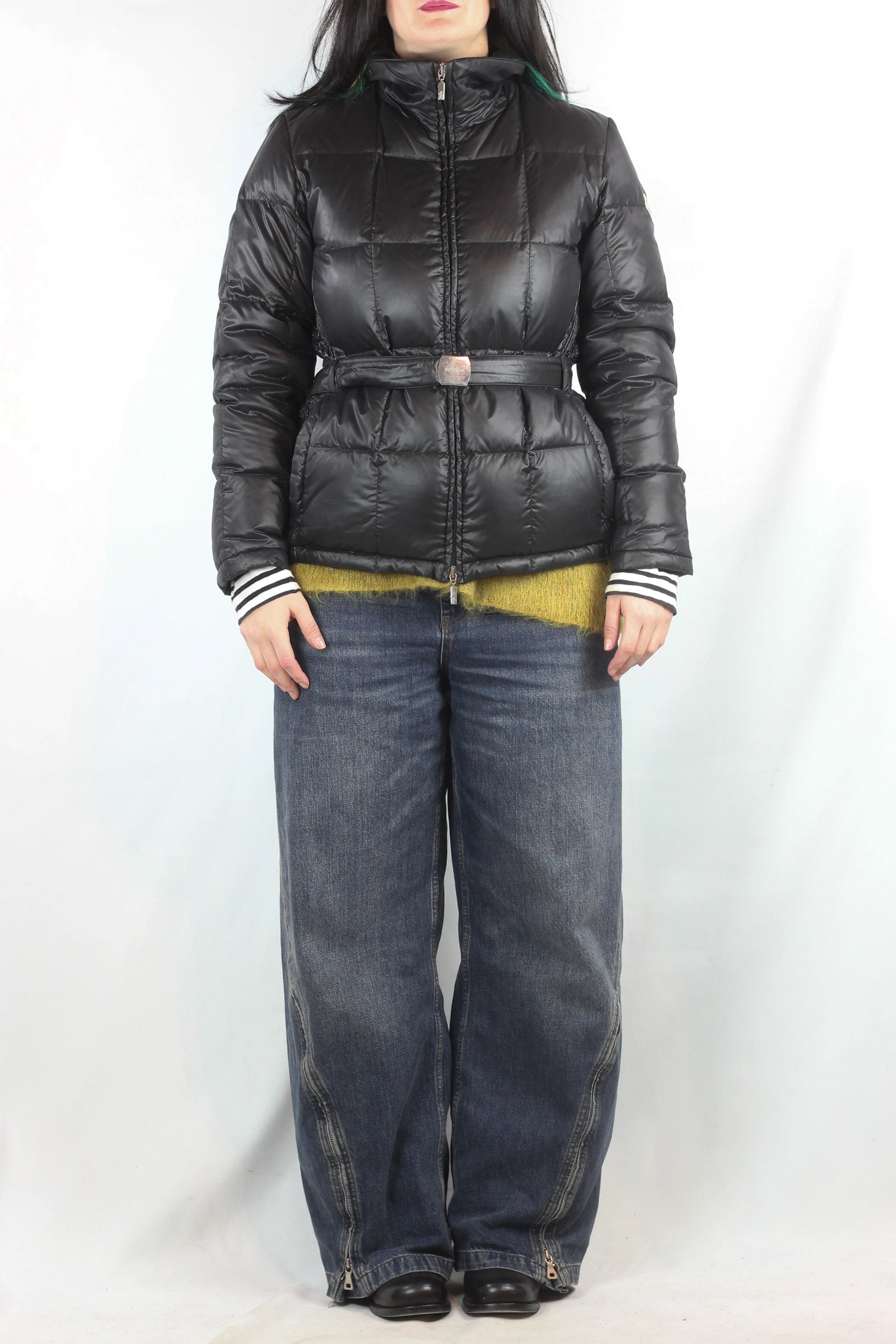 Black Puffer Jacket with Elastic Belt