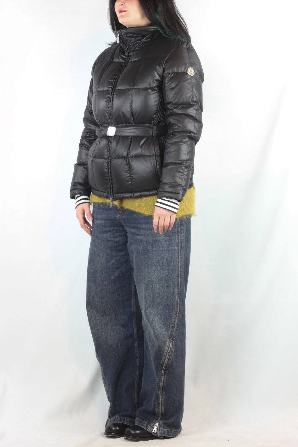 Black Puffer Jacket with Elastic Belt