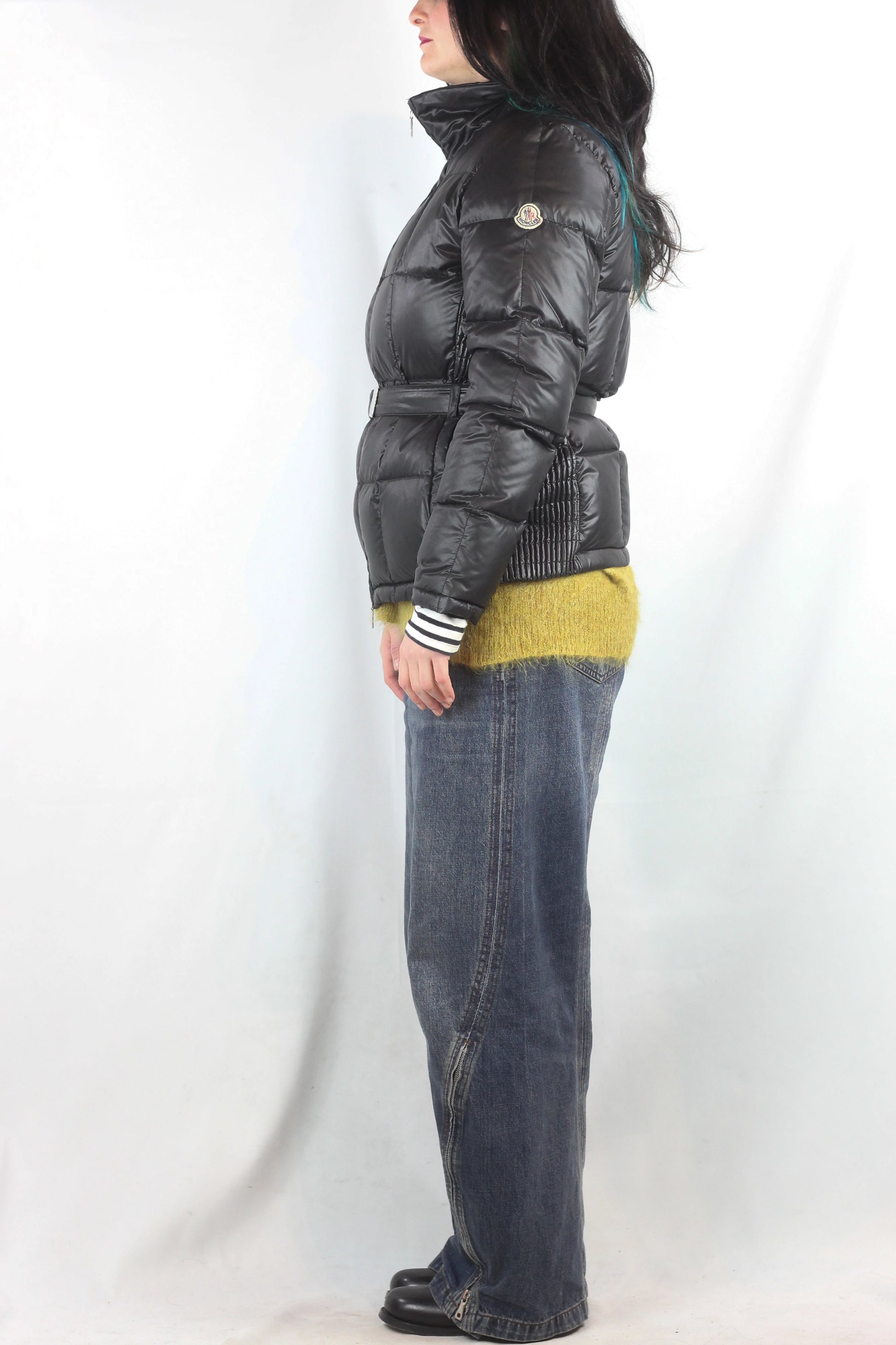 Black Puffer Jacket with Elastic Belt
