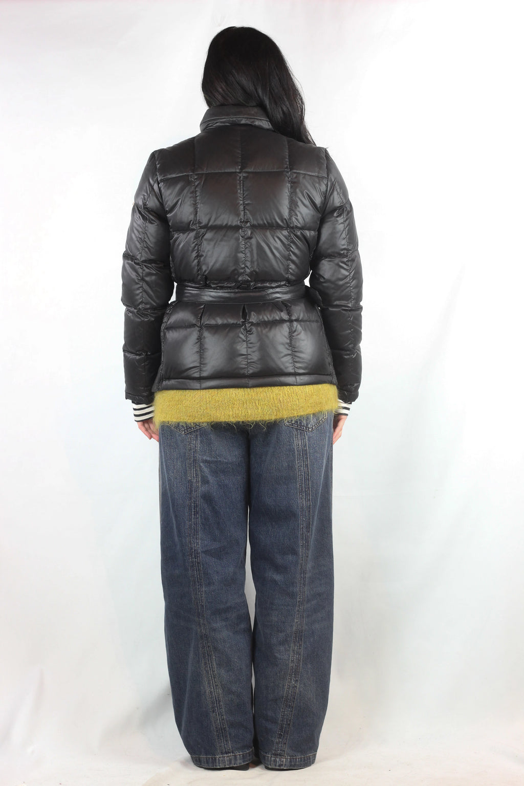 Black Puffer Jacket with Elastic Belt