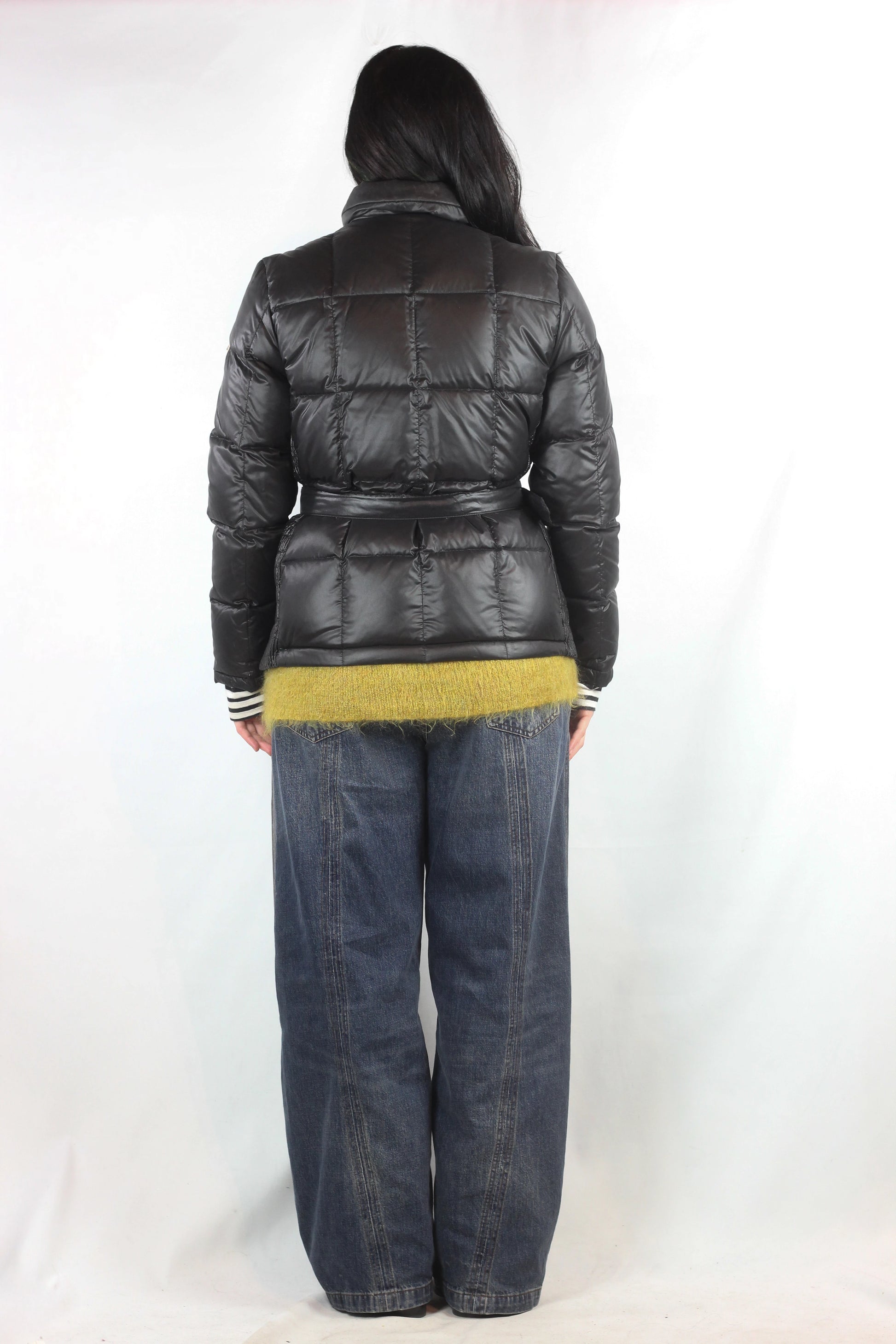 Black Puffer Jacket with Elastic Belt