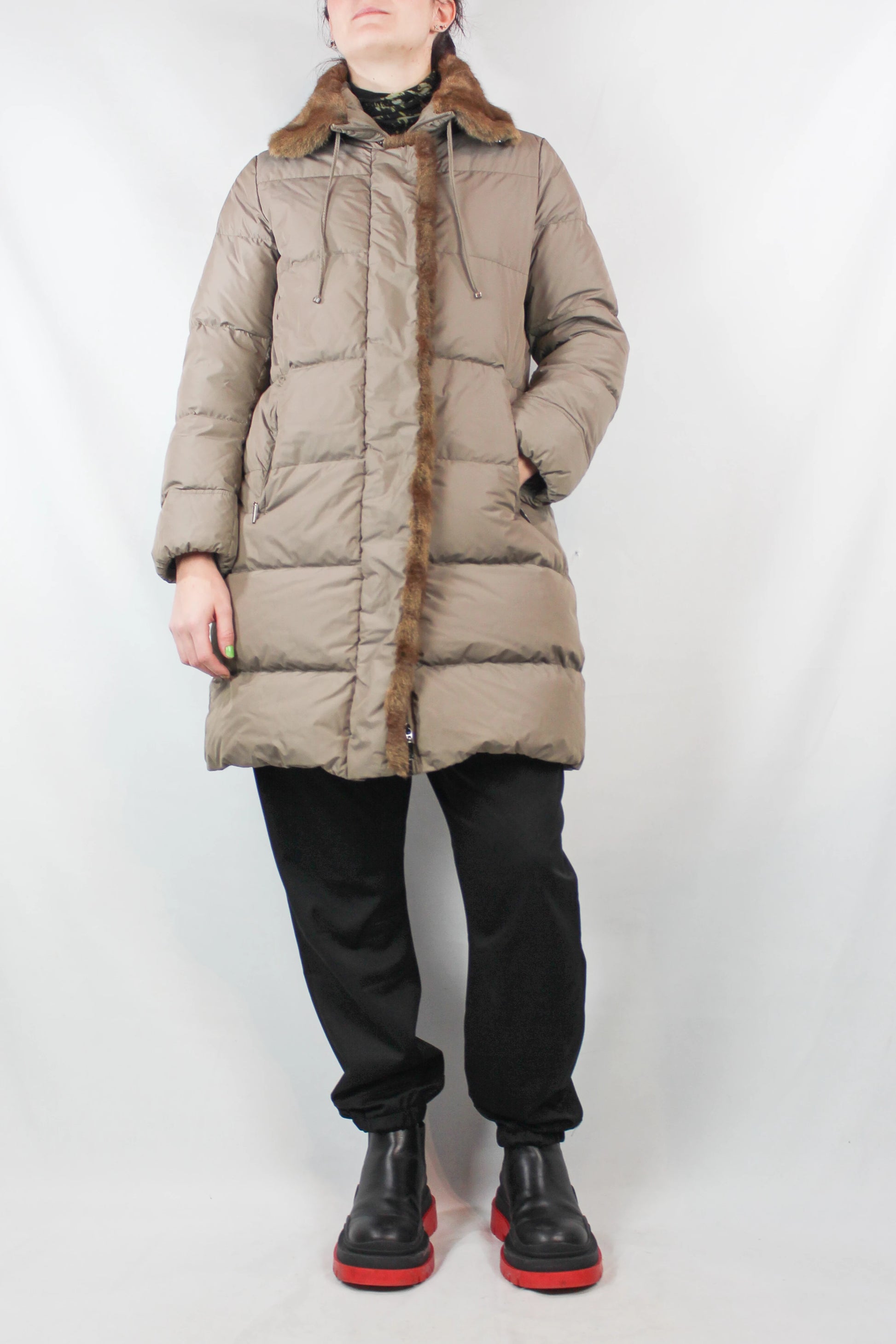 Beige Long Down Jacket with Squirrel Fur Trim