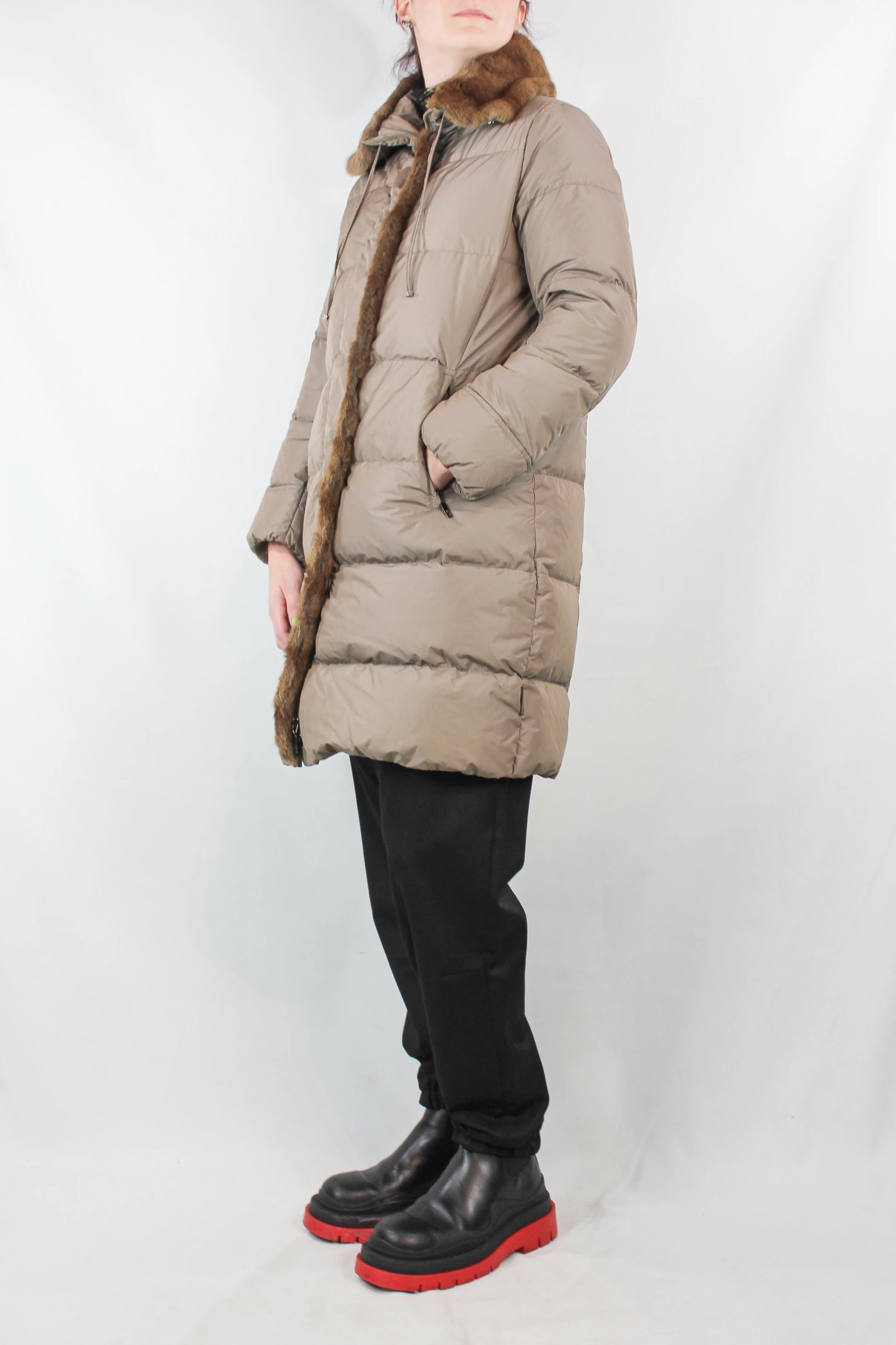 Beige Long Down Jacket with Squirrel Fur Trim