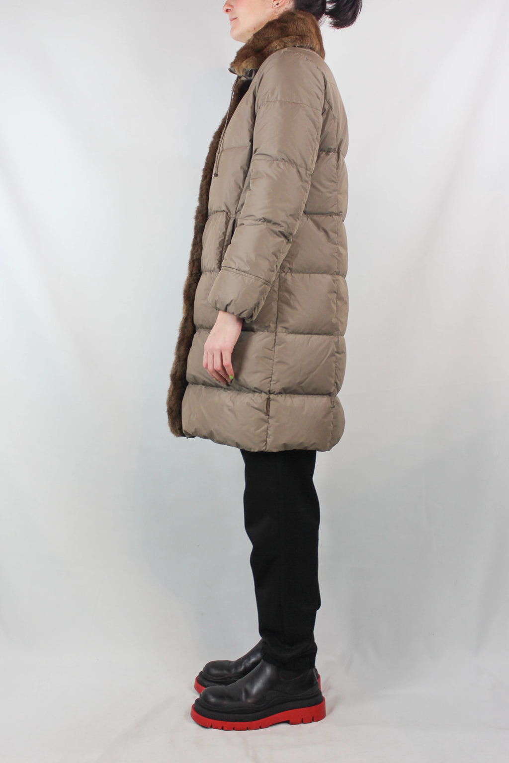 Beige Long Down Jacket with Squirrel Fur Trim