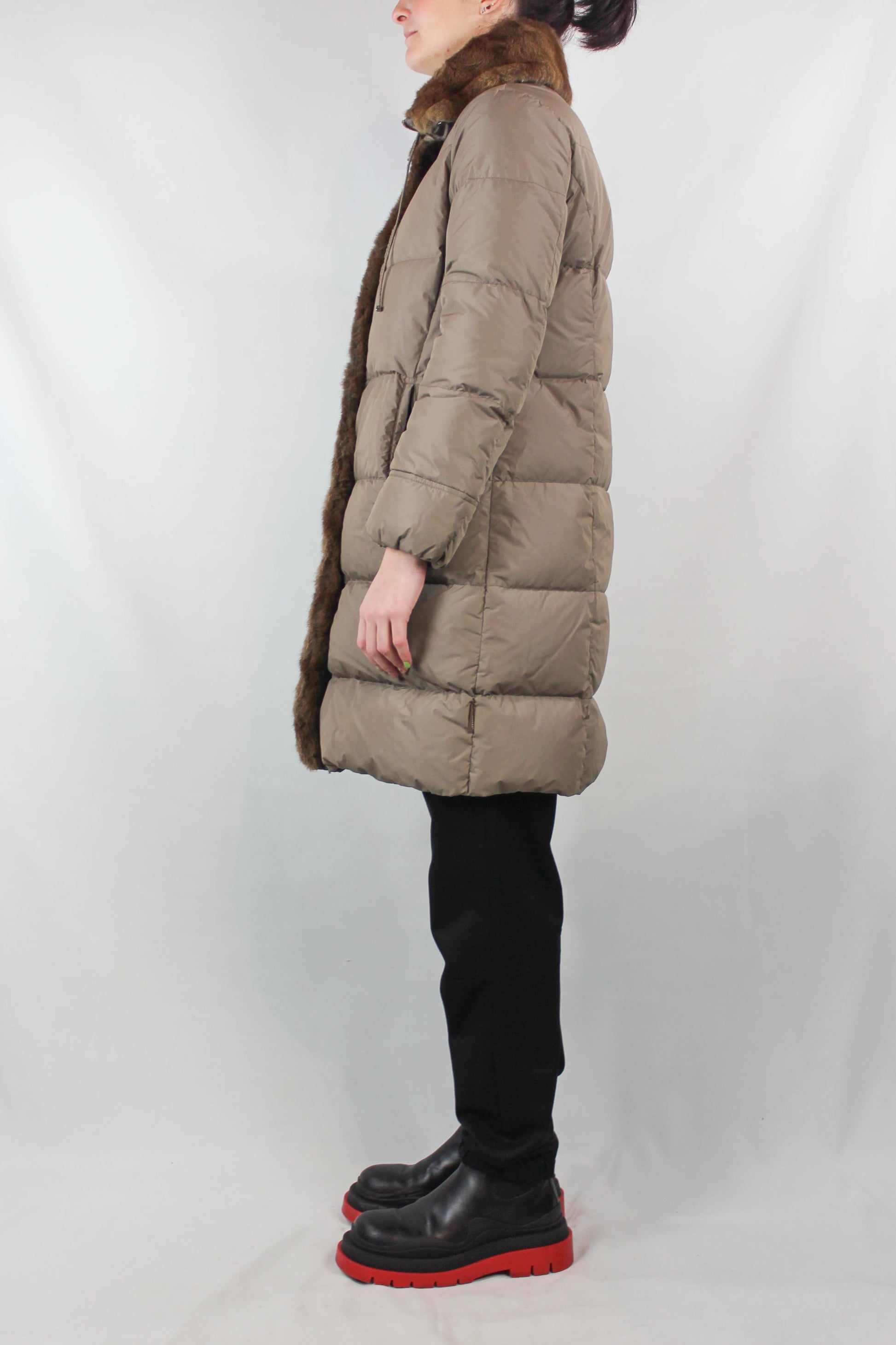 Beige Long Down Jacket with Squirrel Fur Trim