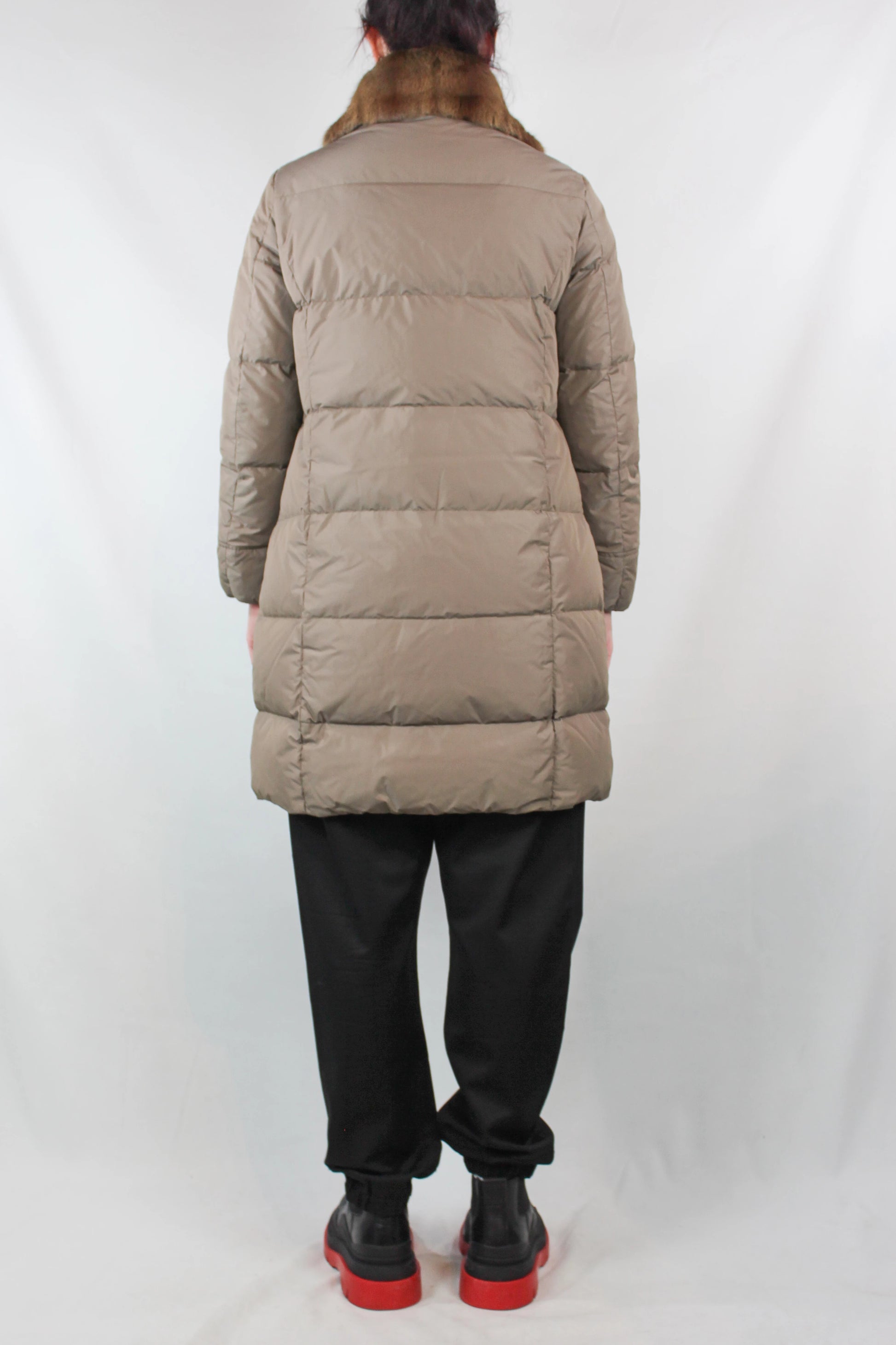 Beige Long Down Jacket with Squirrel Fur Trim