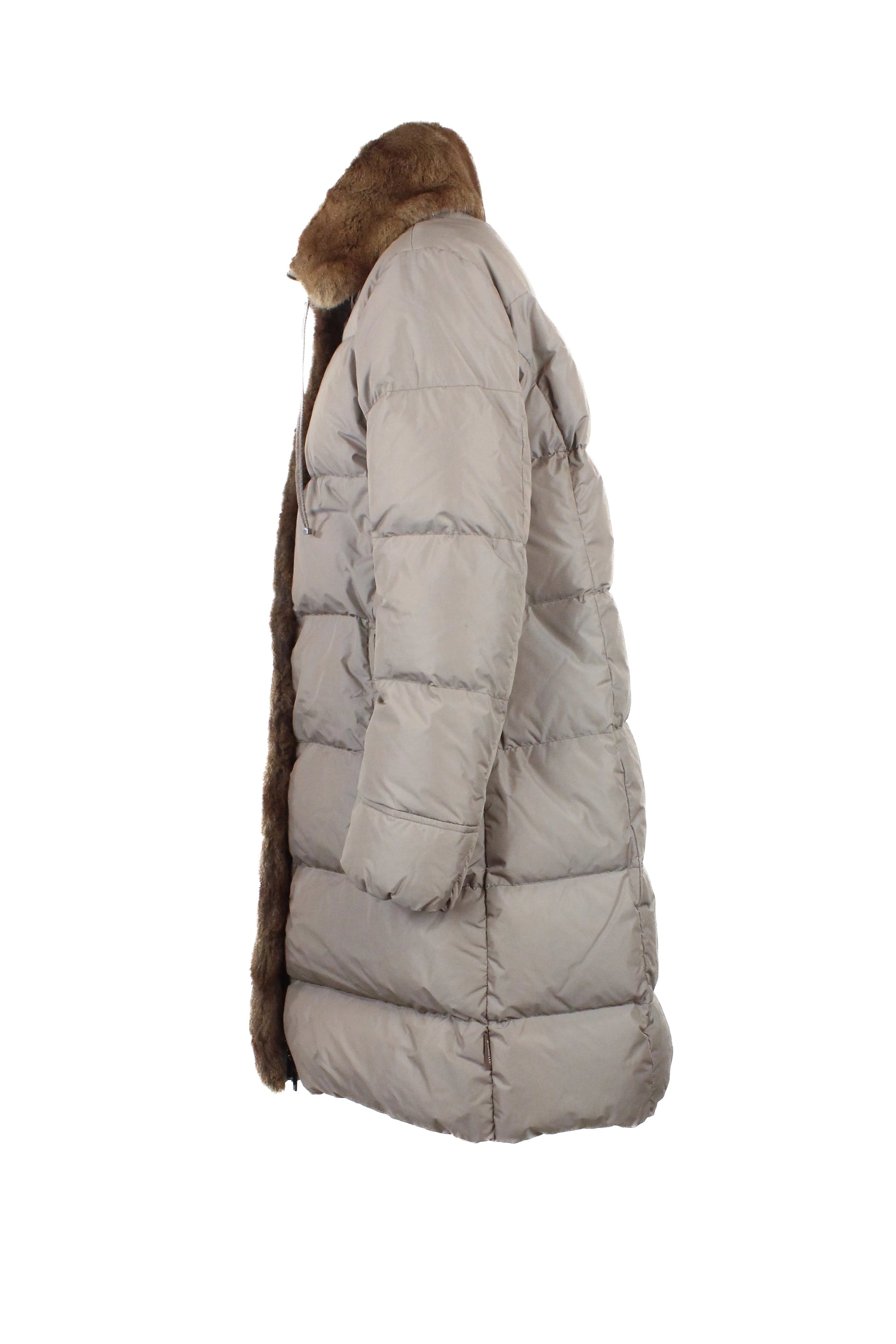 Beige Long Down Jacket with Squirrel Fur Trim