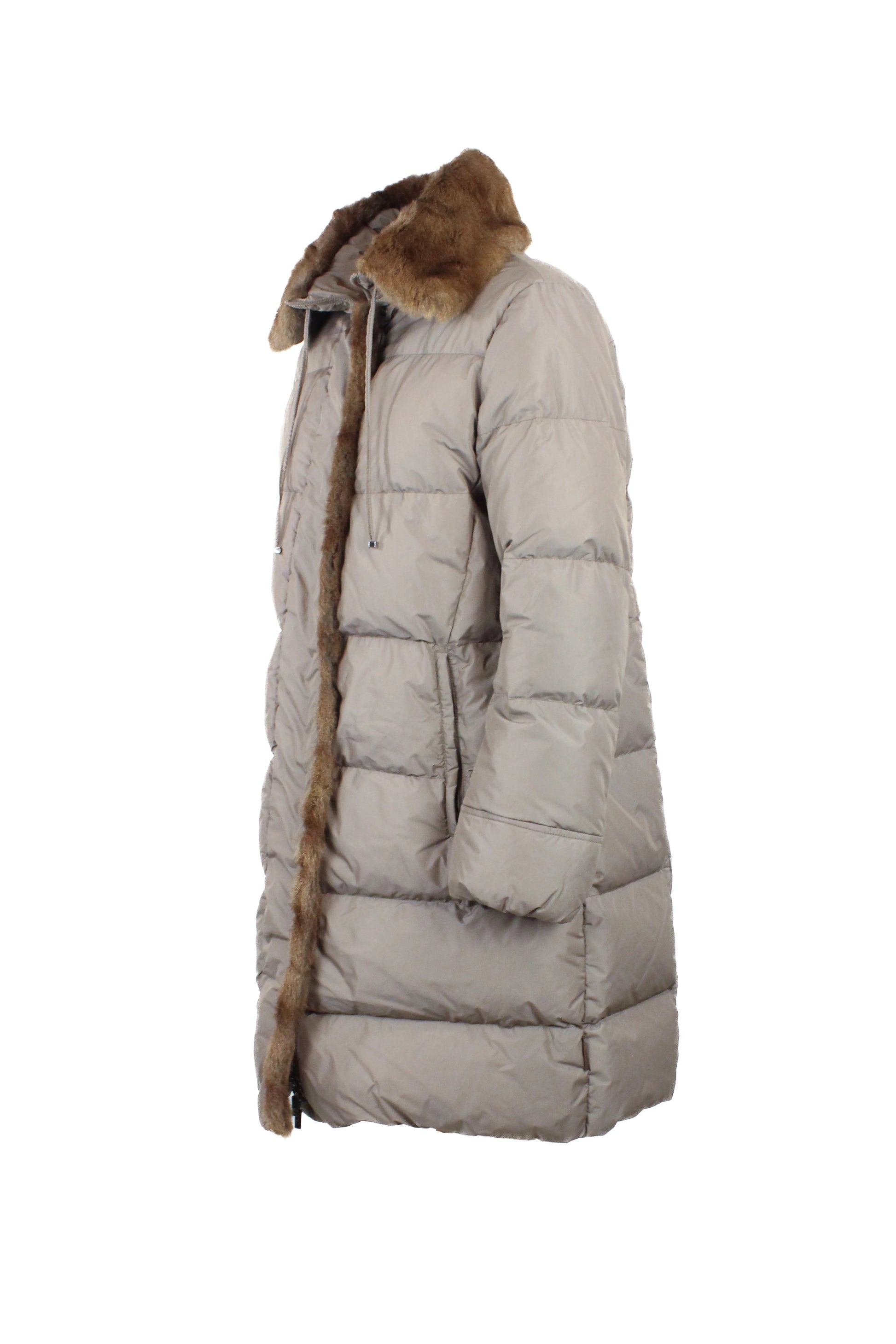 Beige Long Down Jacket with Squirrel Fur Trim