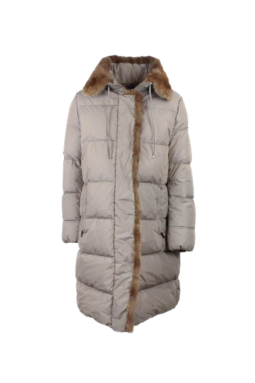 Beige Long Down Jacket with Squirrel Fur Trim