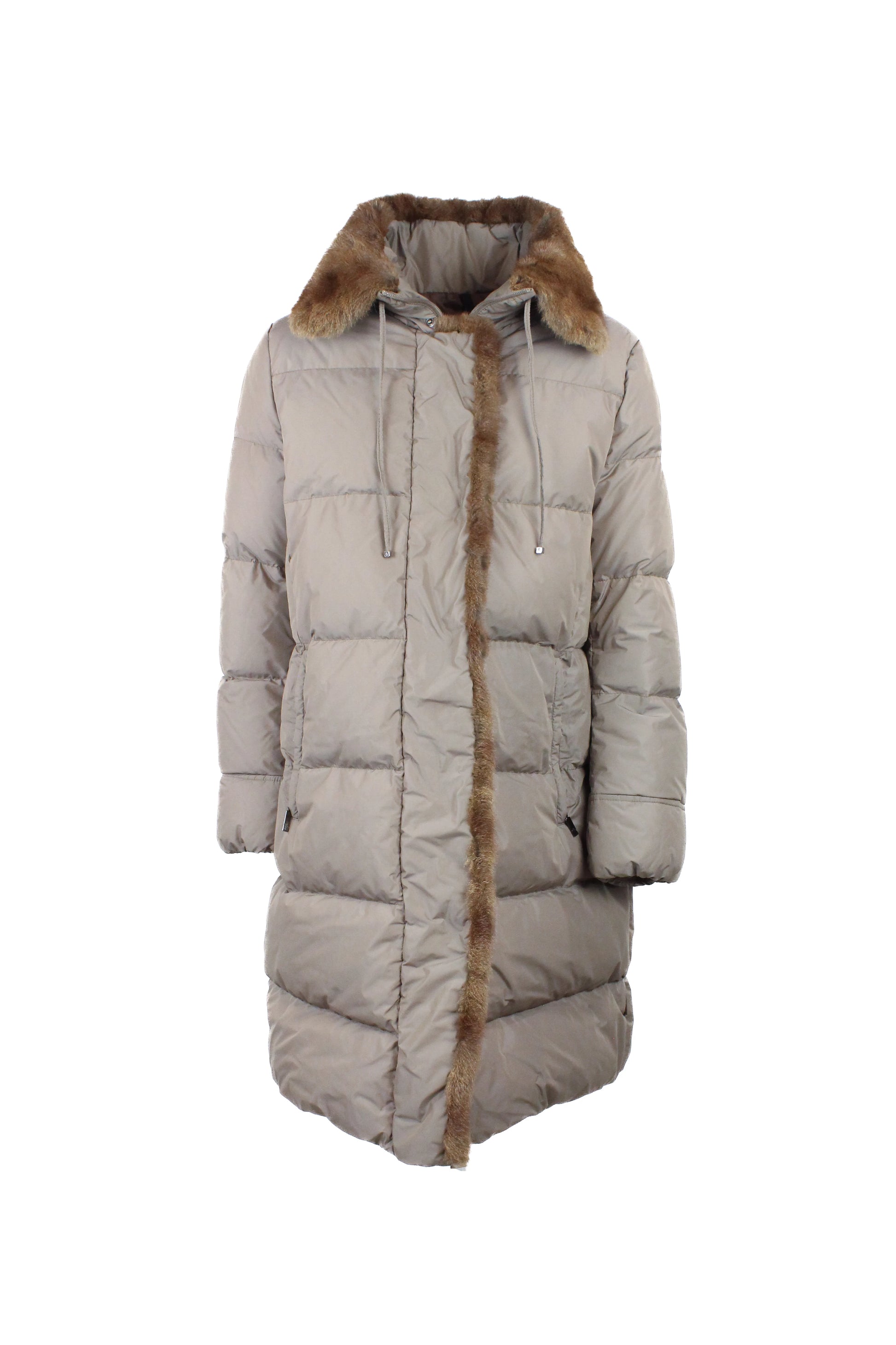 Beige Long Down Jacket with Squirrel Fur Trim