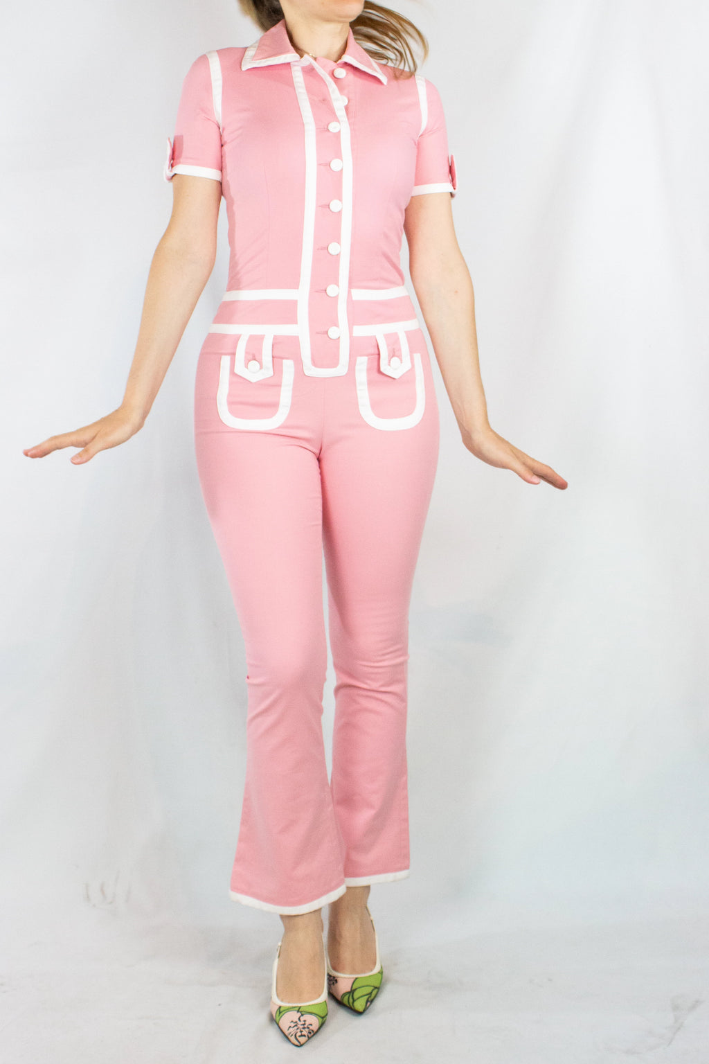 Pink Fitted Jumpsuit with White Piping SS2013