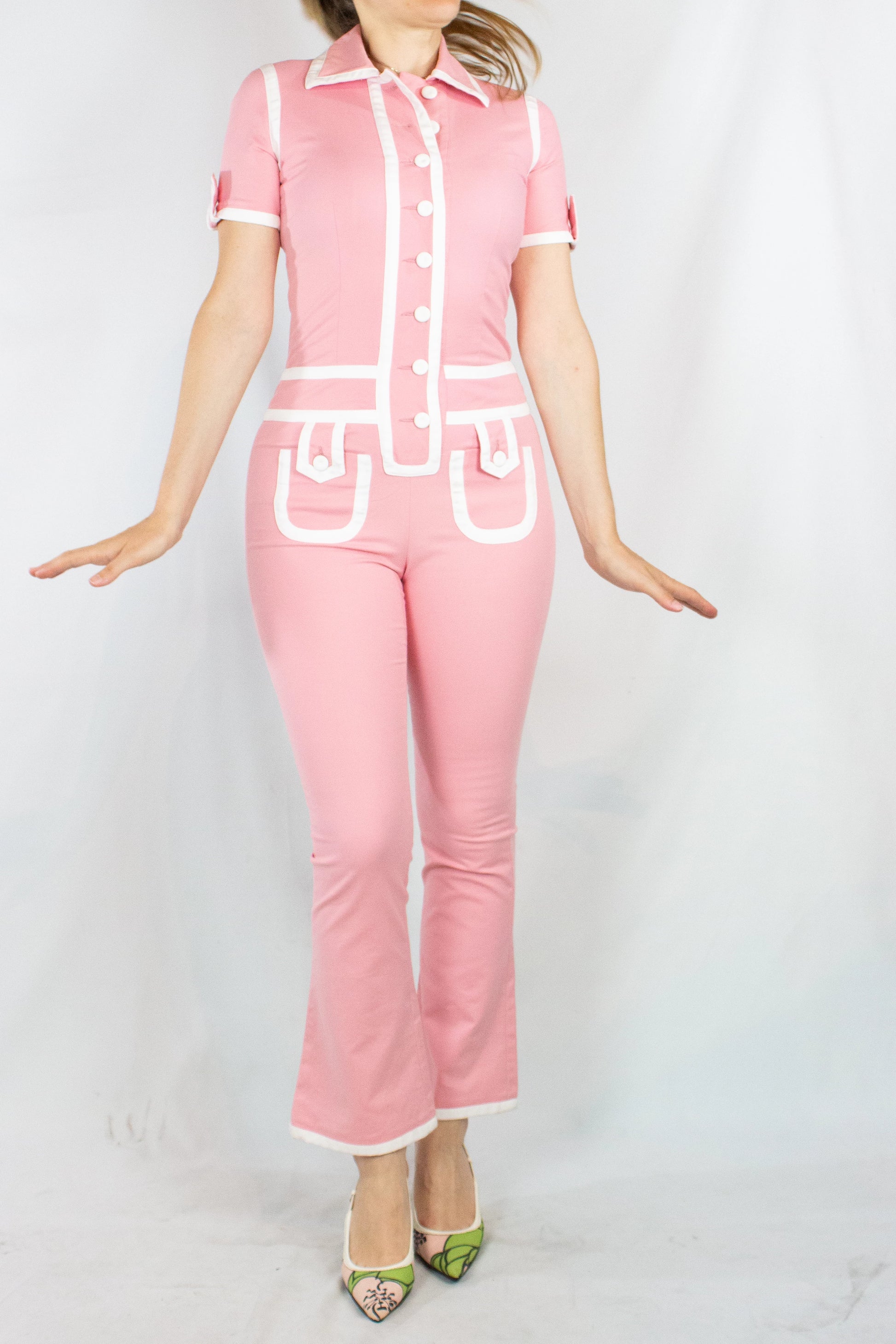 Pink Fitted Jumpsuit with White Piping SS2013