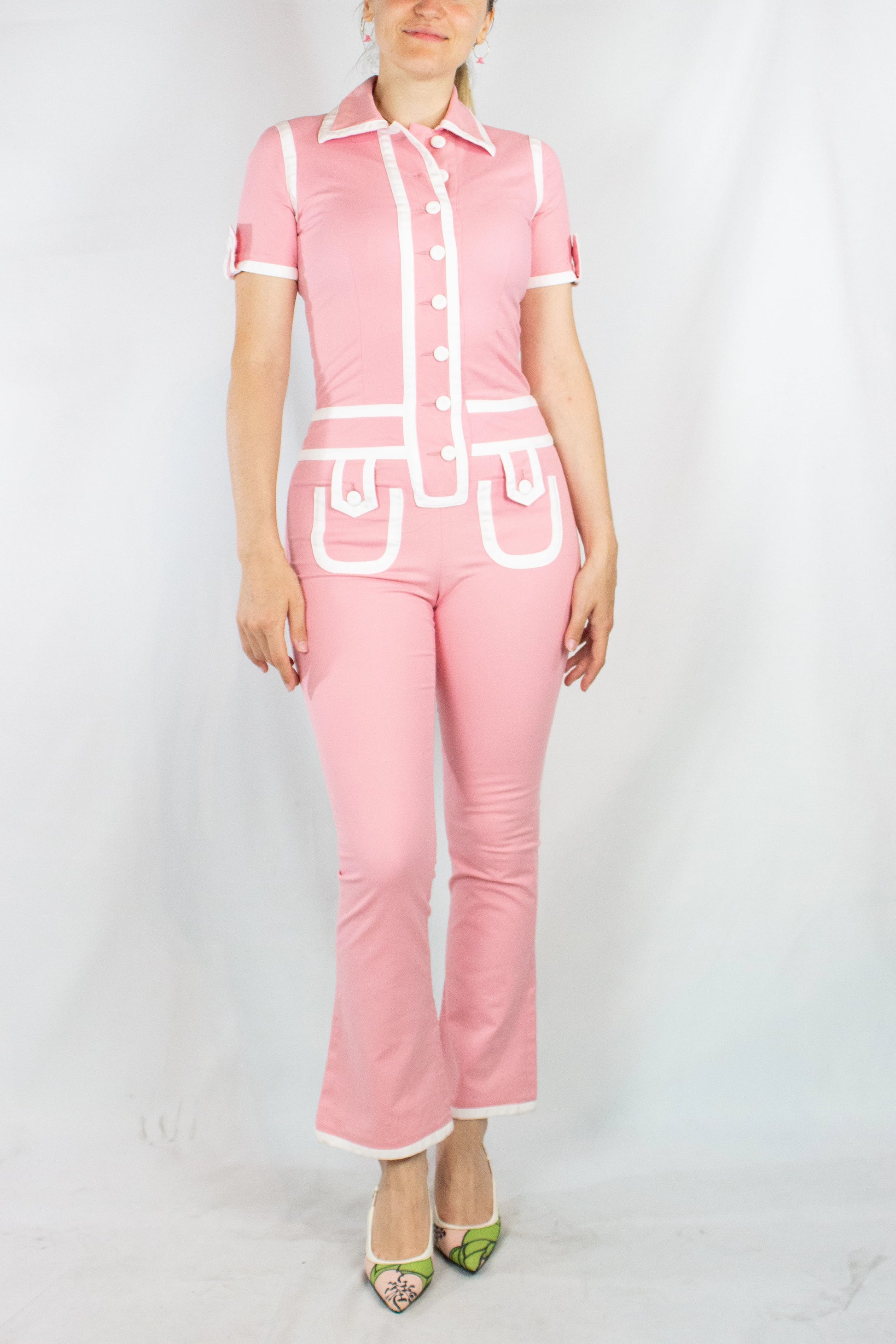 Pink Fitted Jumpsuit with White Piping SS2013