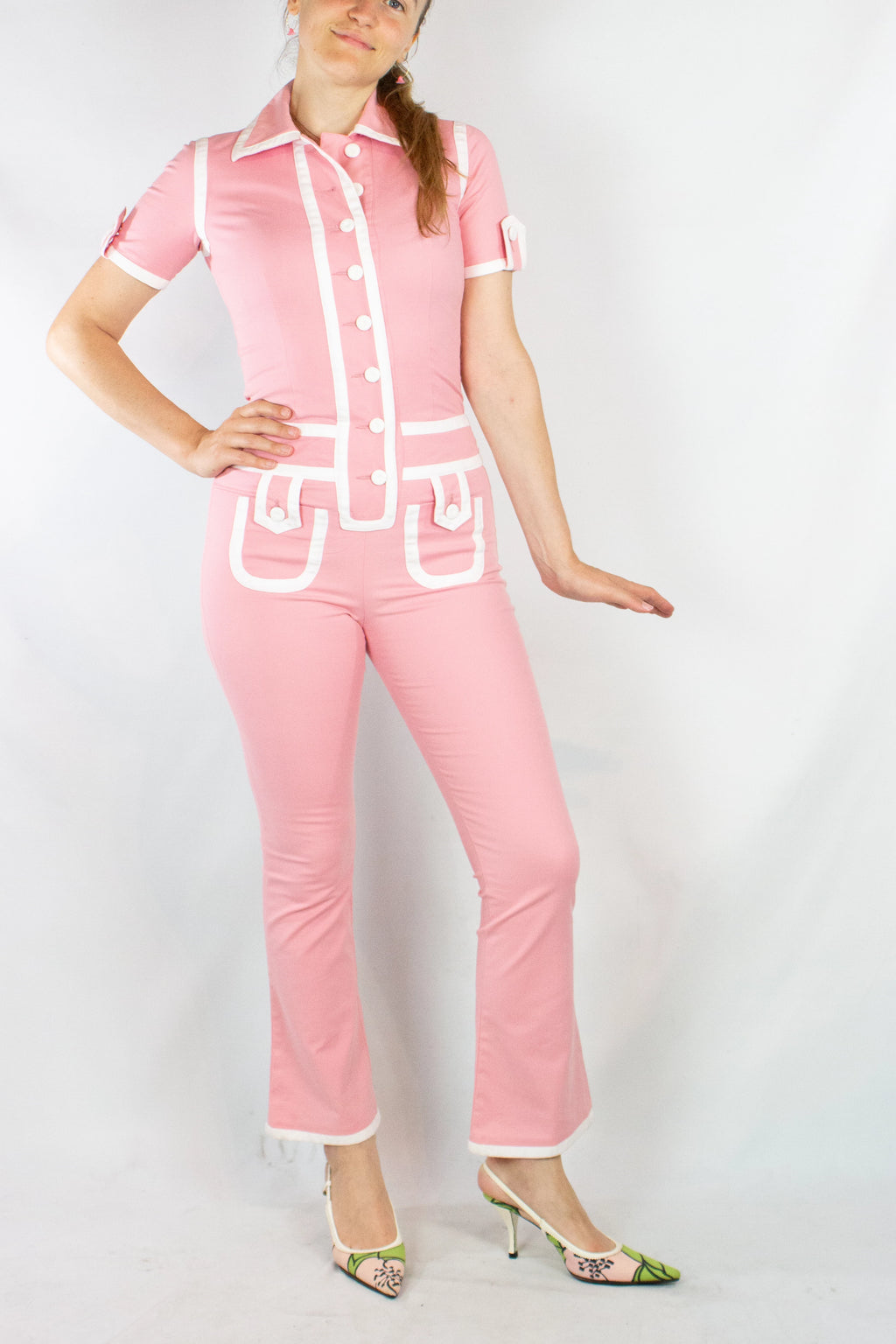 Pink Fitted Jumpsuit with White Piping SS2013