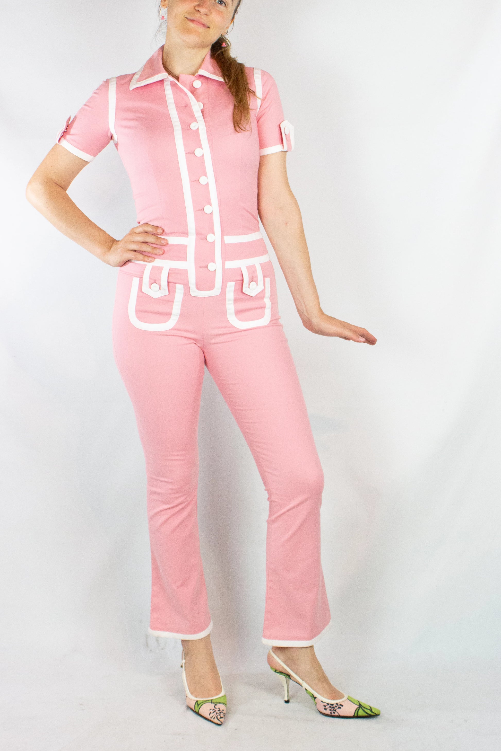 Pink Fitted Jumpsuit with White Piping SS2013