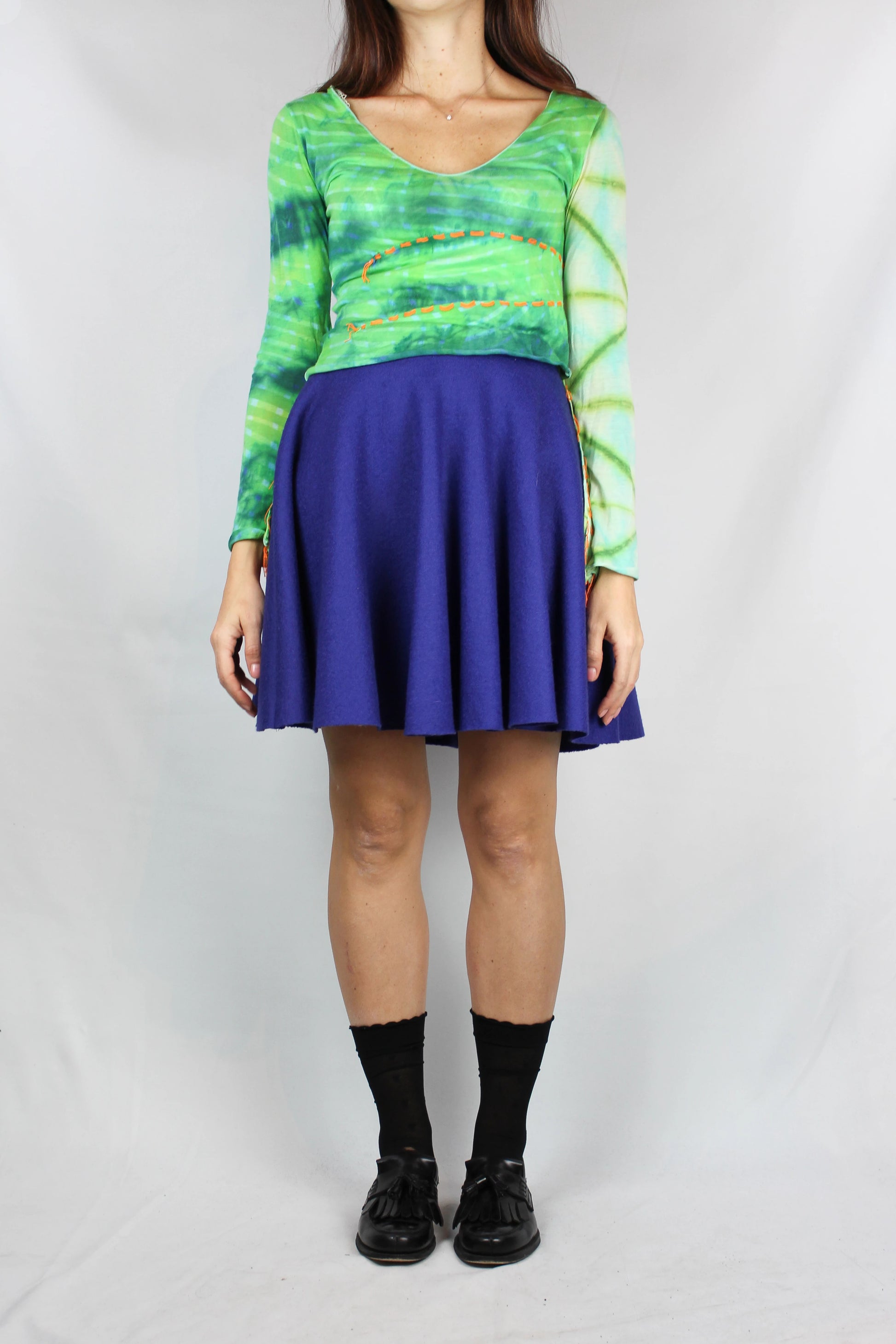 Flared electric blue wool mini skirt