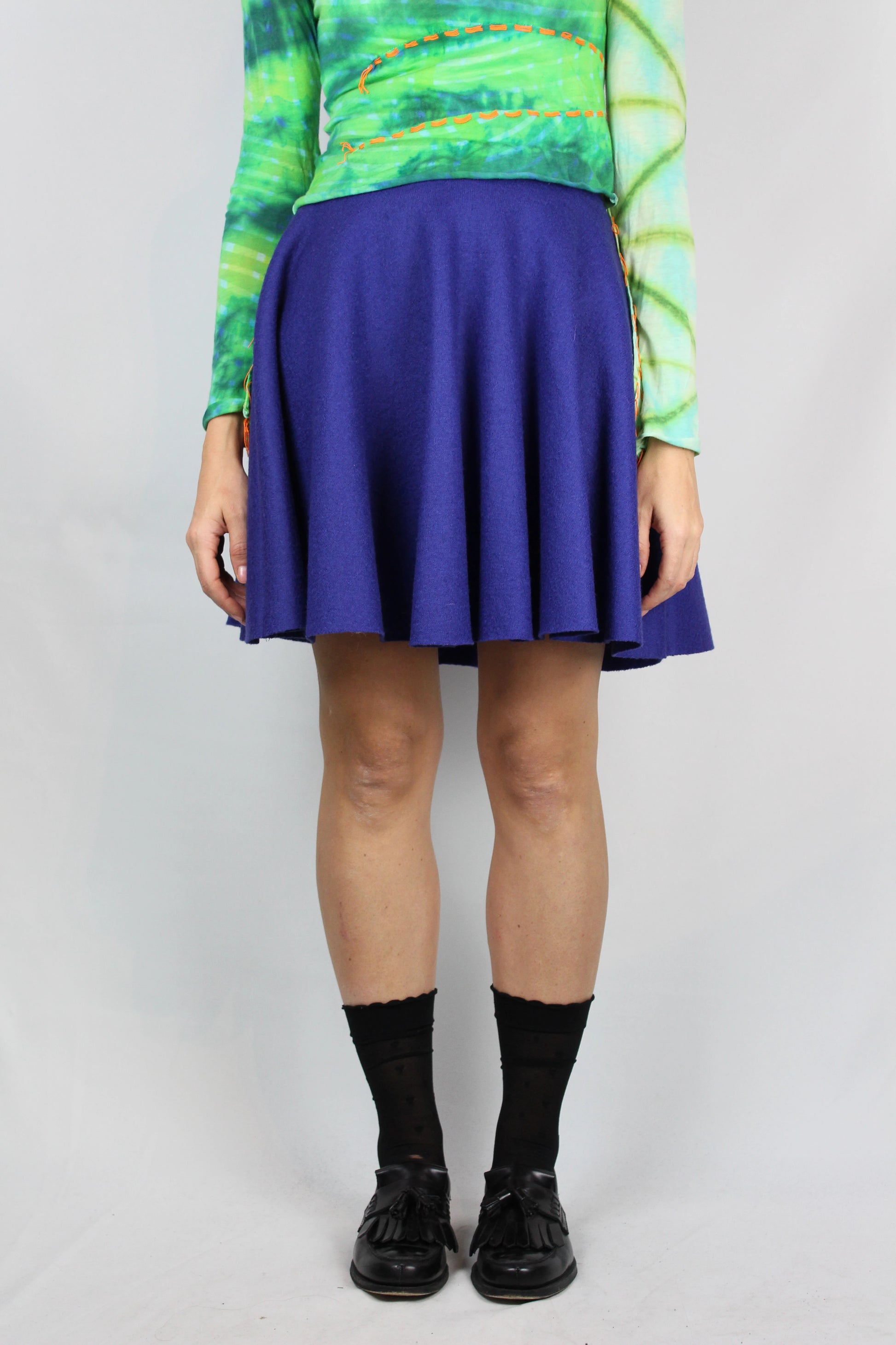 Flared electric blue wool mini skirt
