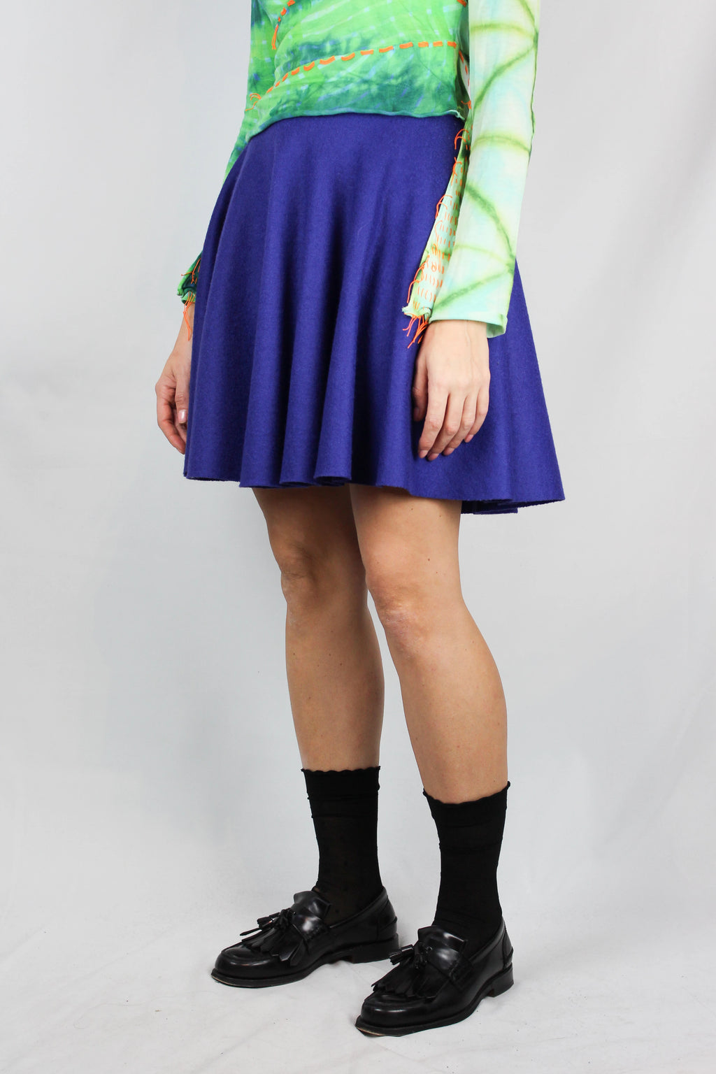Flared electric blue wool mini skirt