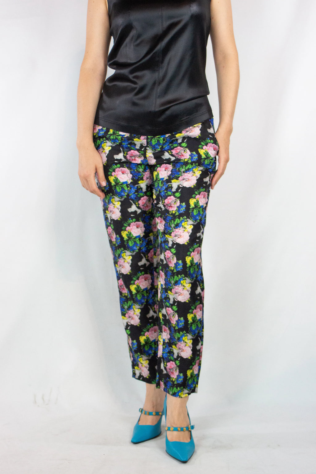 Slim Silk Trousers with Neon Rose Print