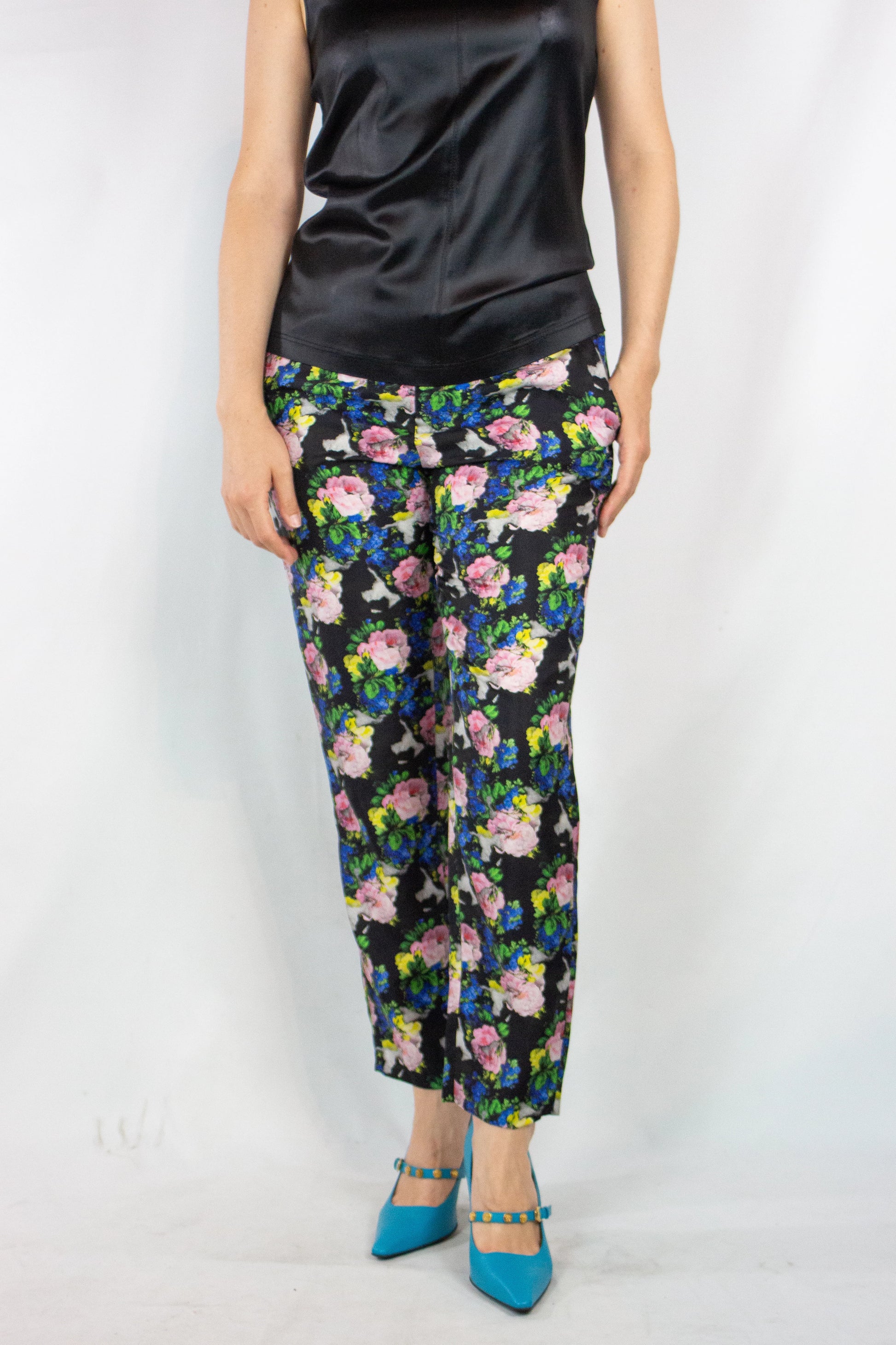 Slim Silk Trousers with Neon Rose Print
