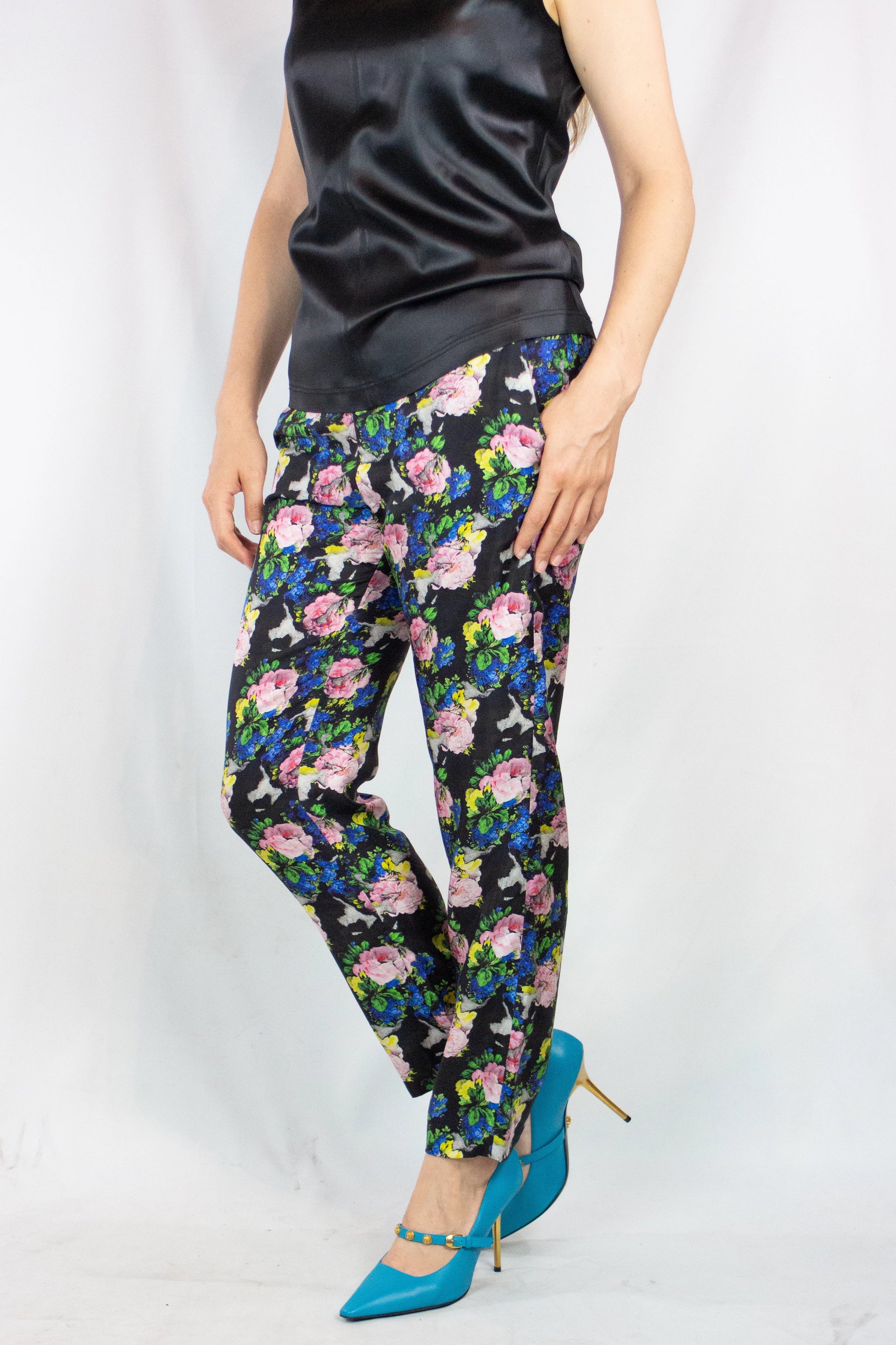 Slim Silk Trousers with Neon Rose Print