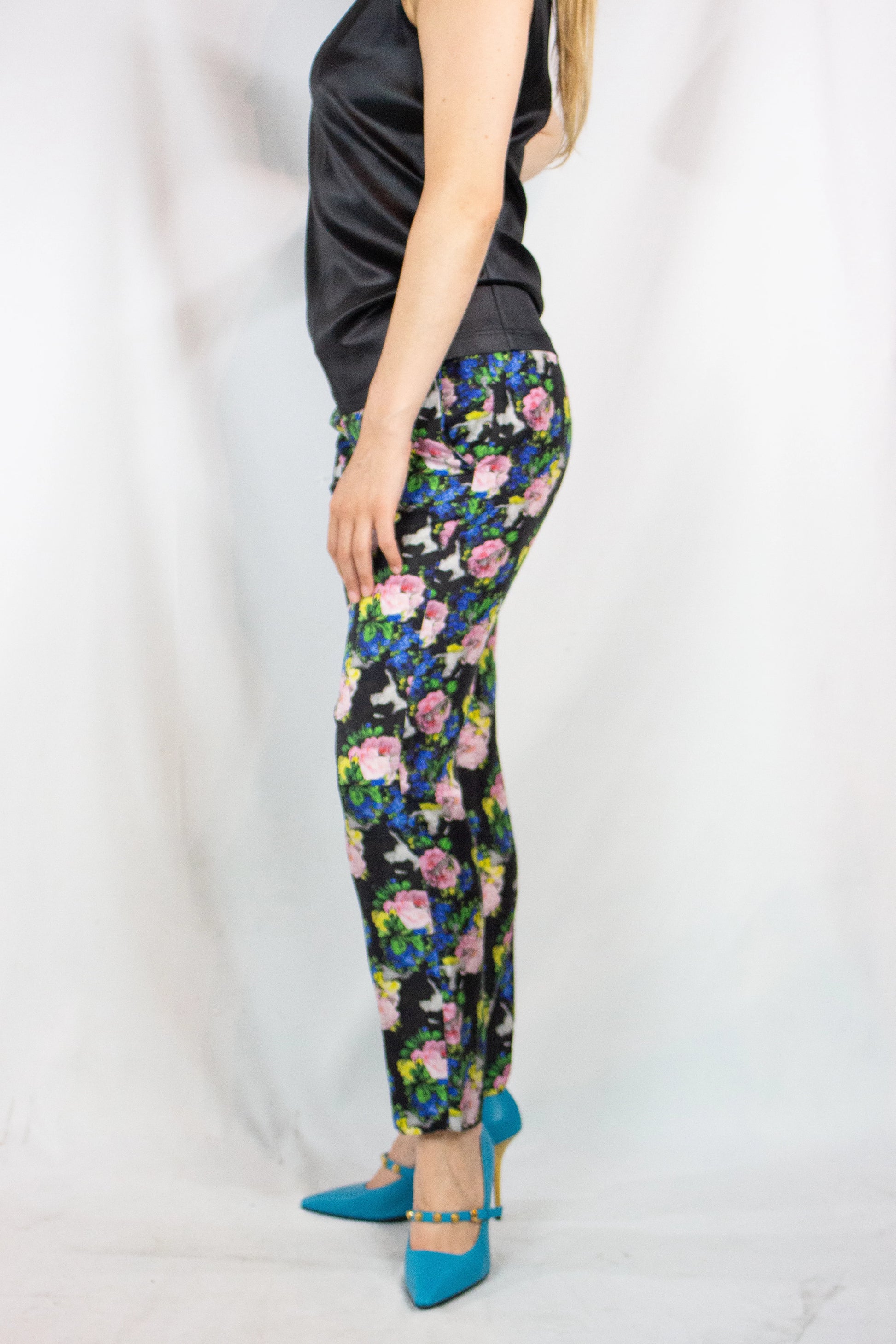Slim Silk Trousers with Neon Rose Print