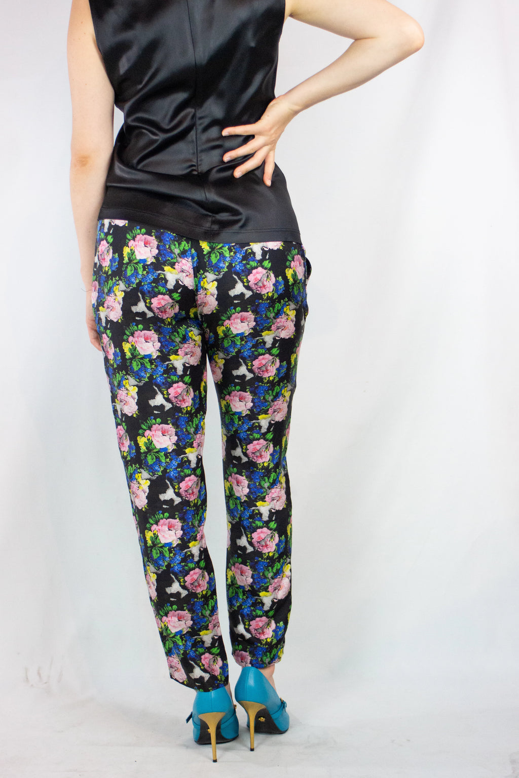 Slim Silk Trousers with Neon Rose Print