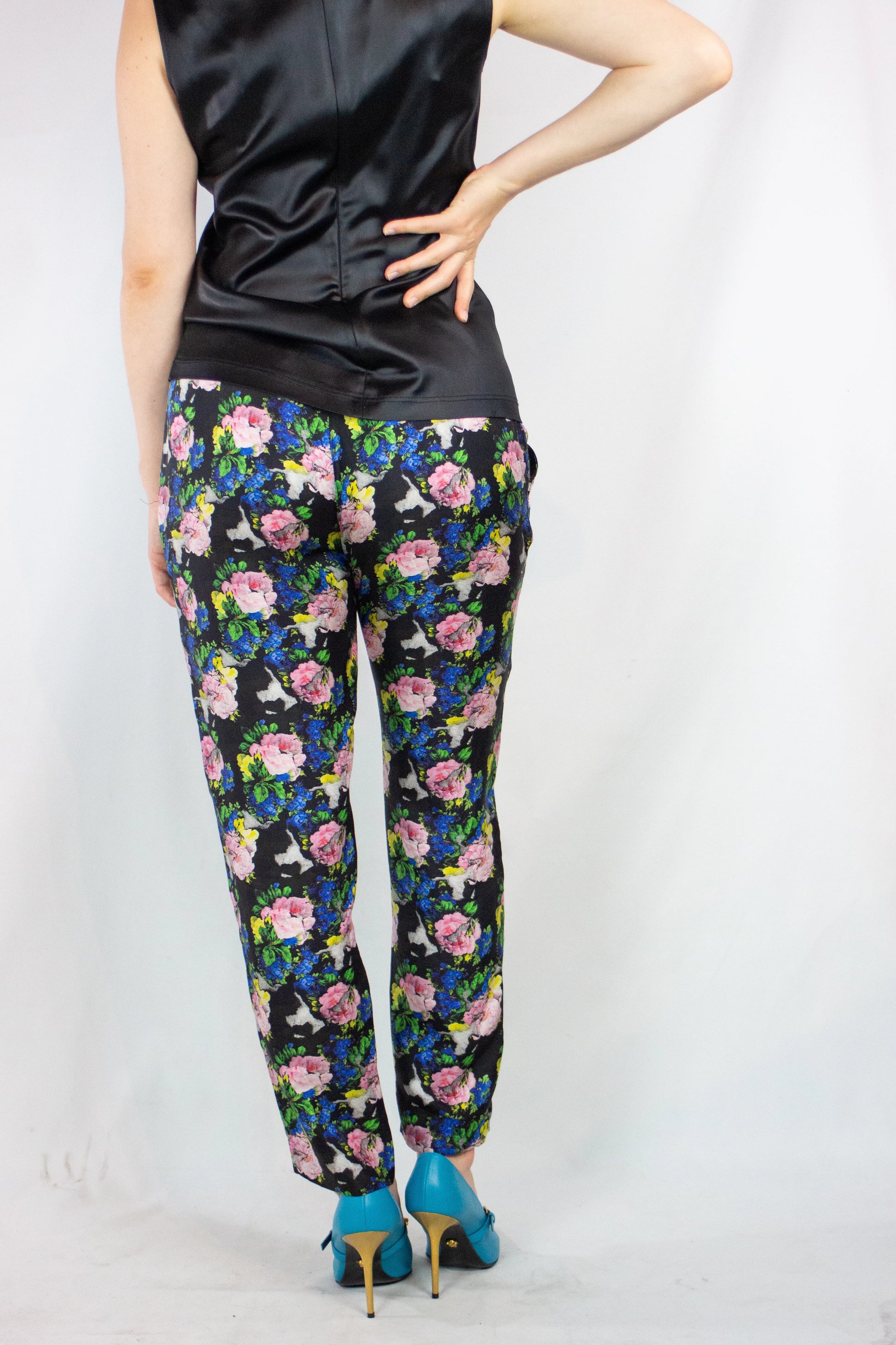 Slim Silk Trousers with Neon Rose Print