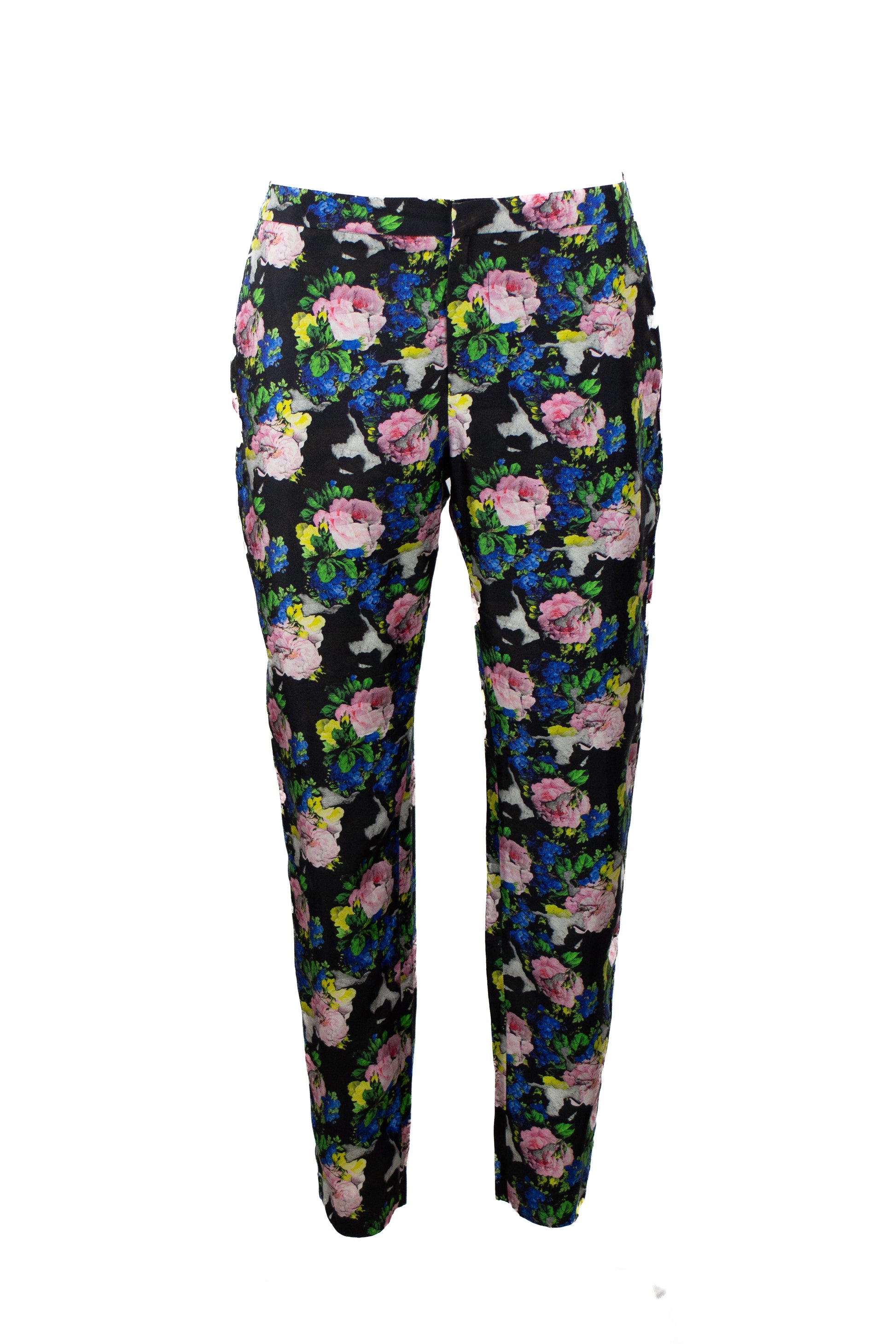 Slim Silk Trousers with Neon Rose Print