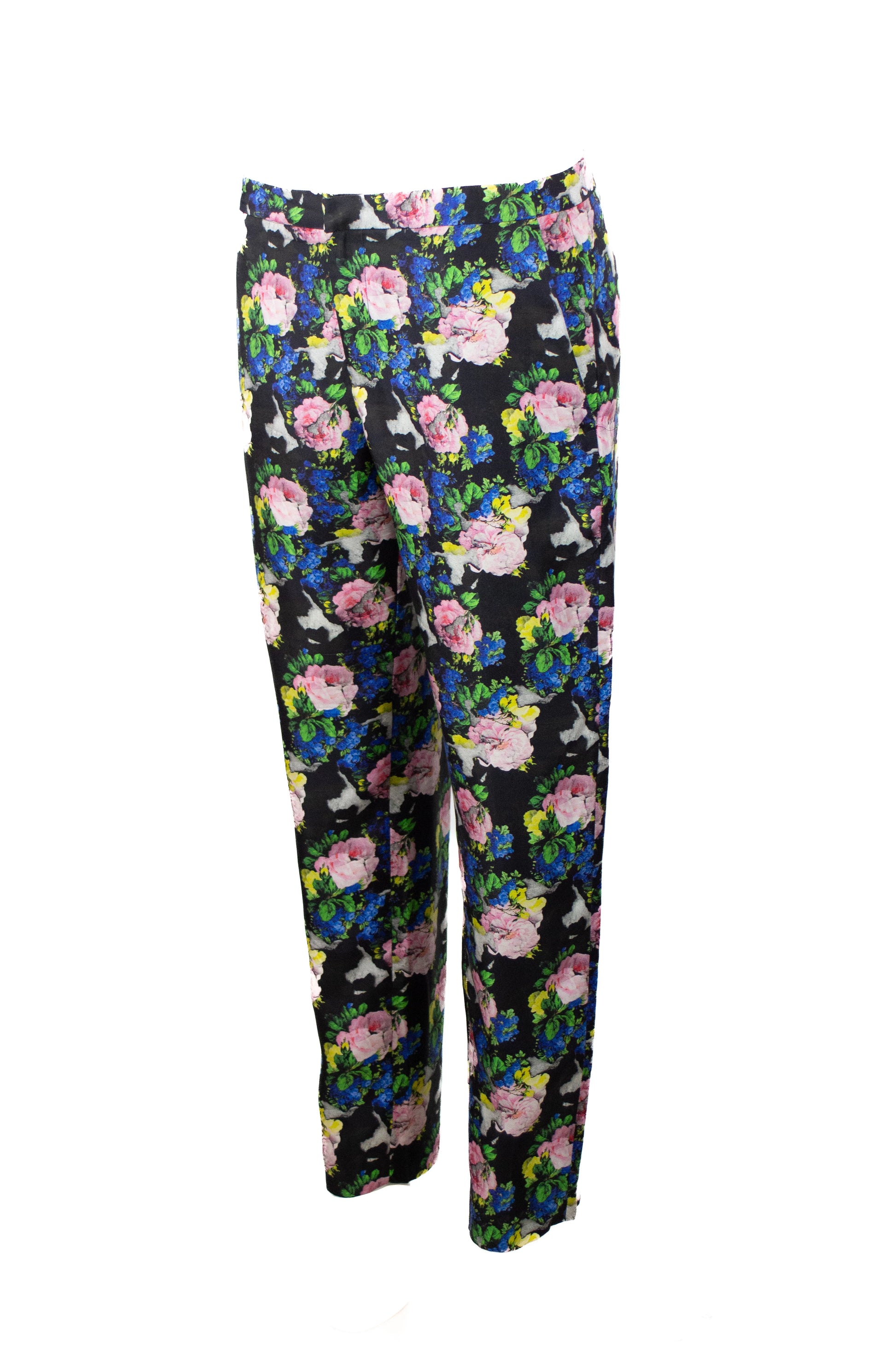 Slim Silk Trousers with Neon Rose Print