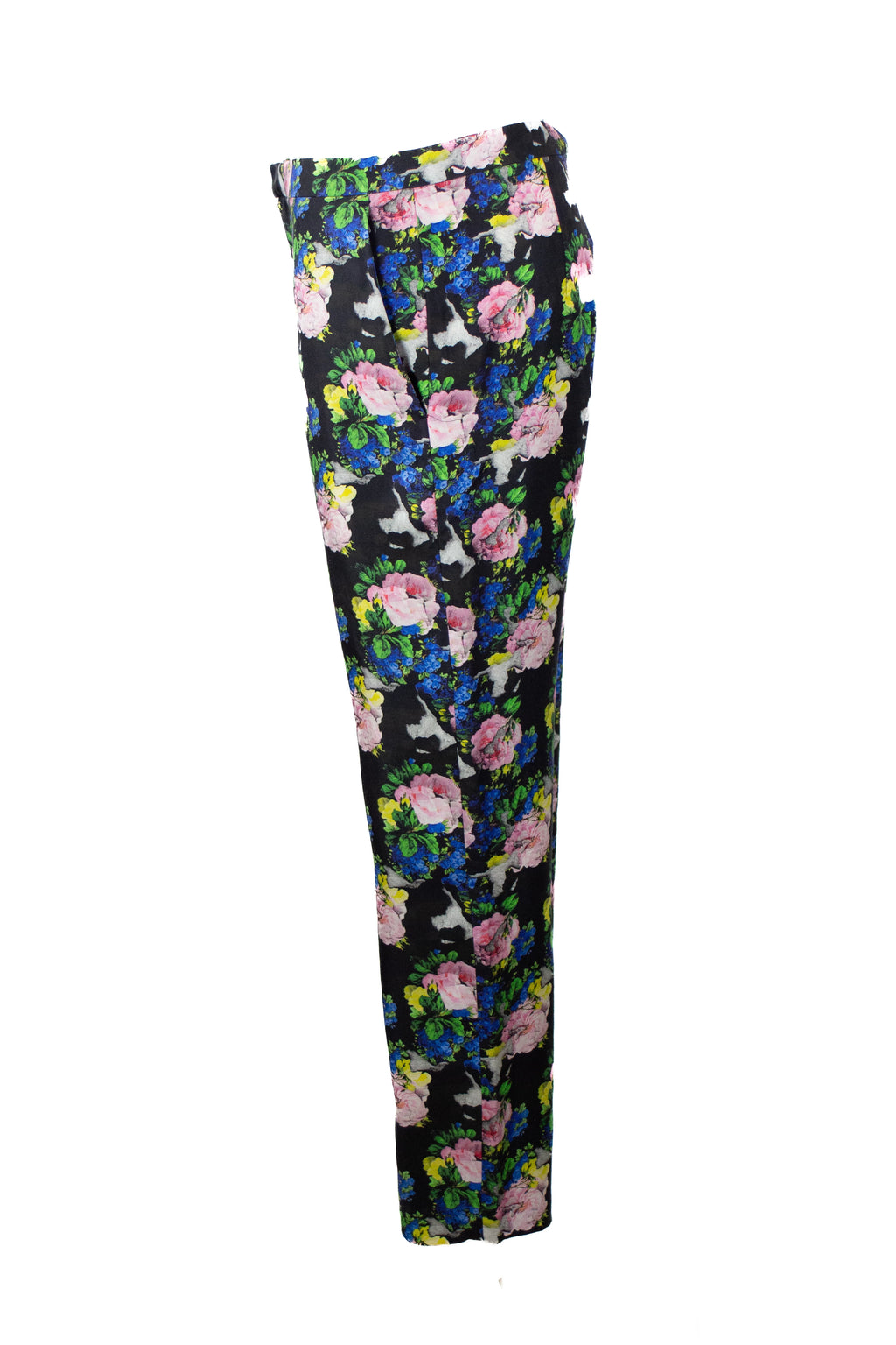 Slim Silk Trousers with Neon Rose Print