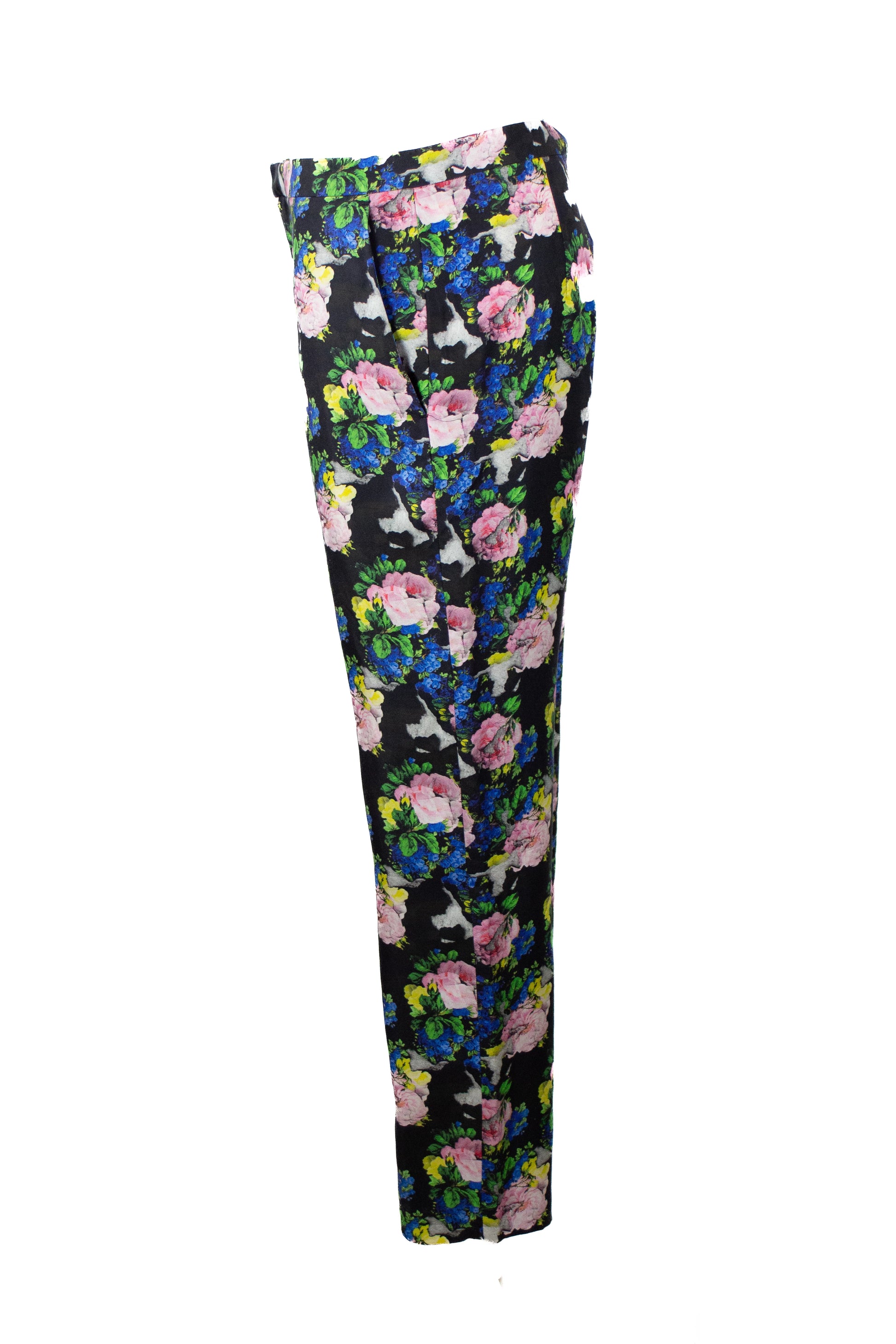 Slim Silk Trousers with Neon Rose Print