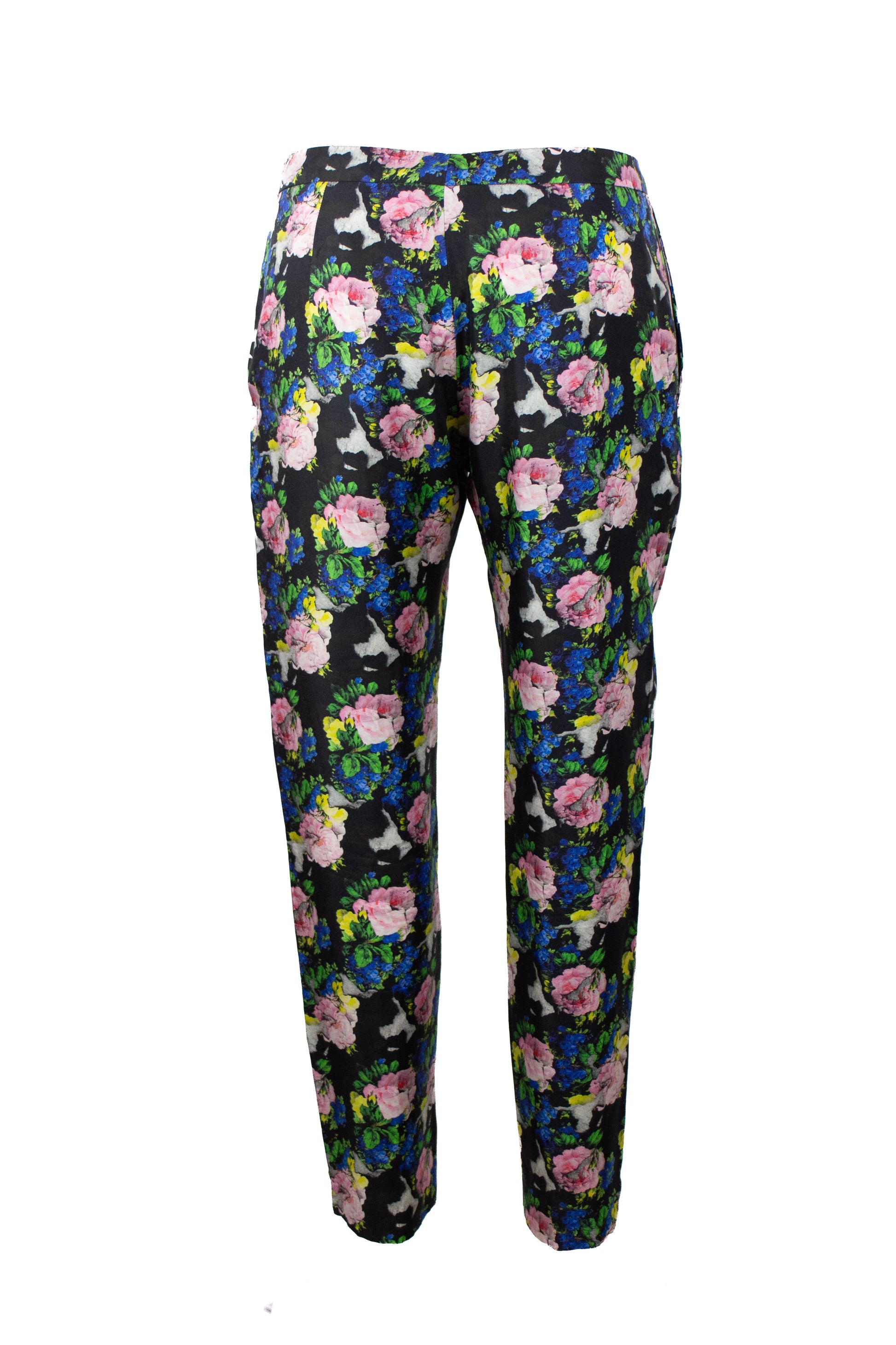 Slim Silk Trousers with Neon Rose Print