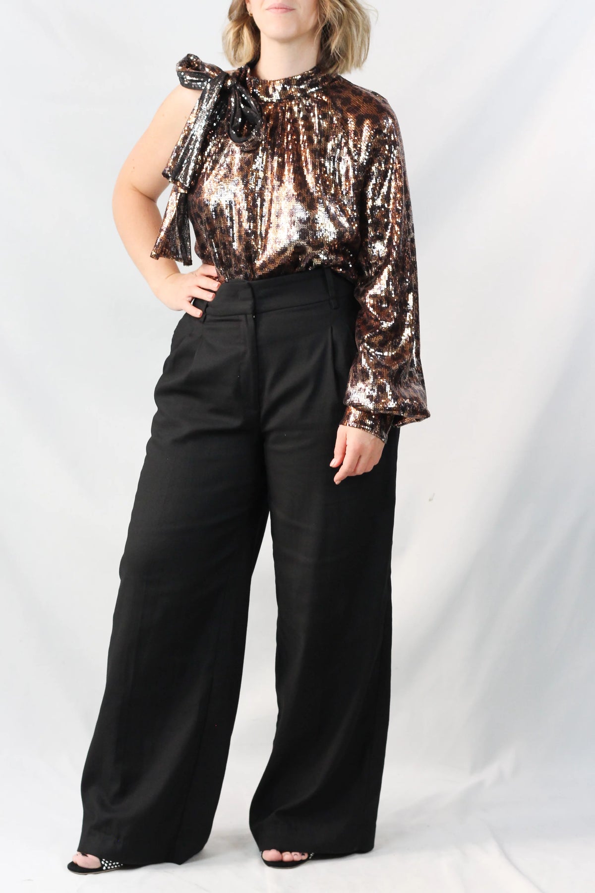 Sequin Leopard Print One-Shoulder Draped Top