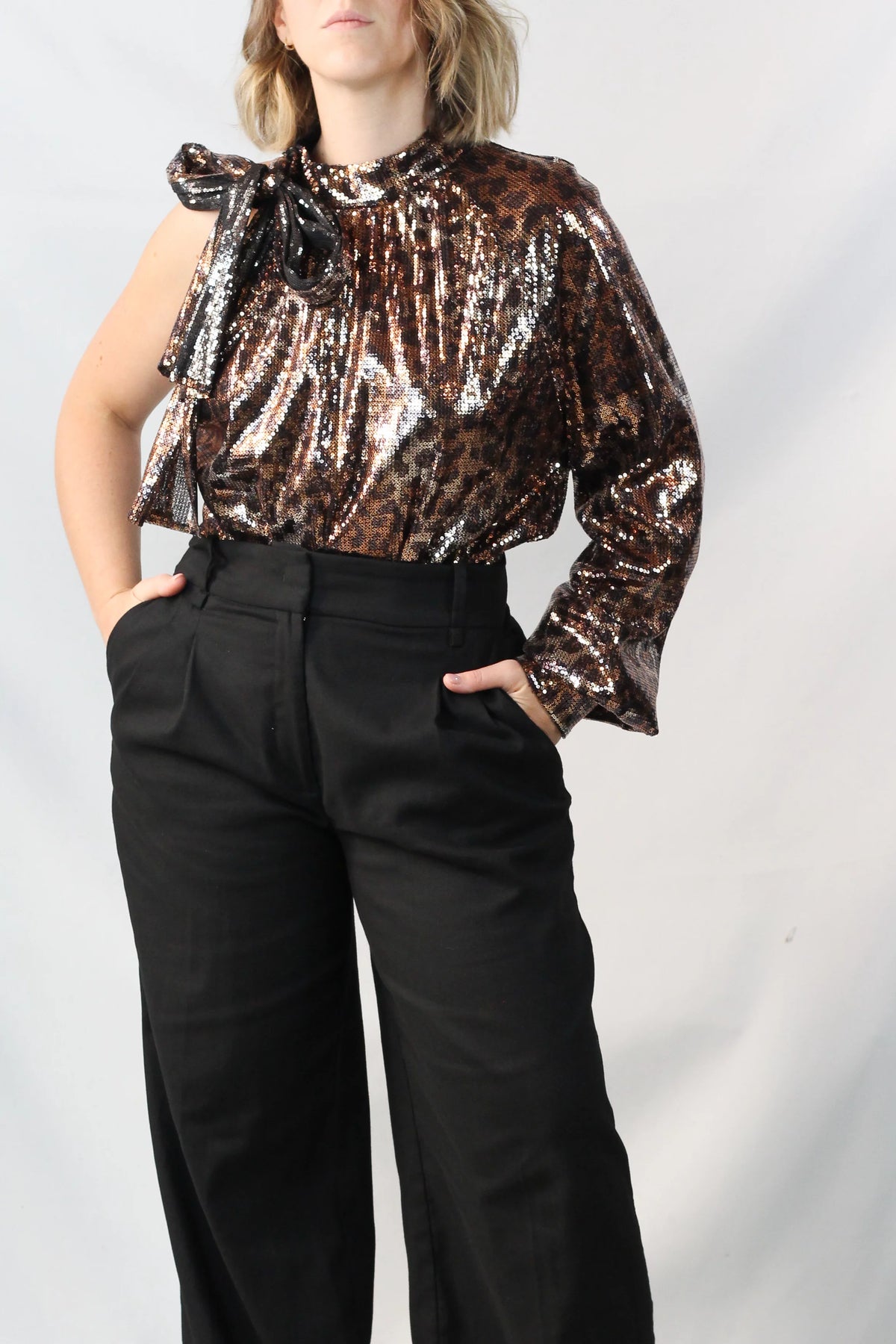 Sequin Leopard Print One-Shoulder Draped Top