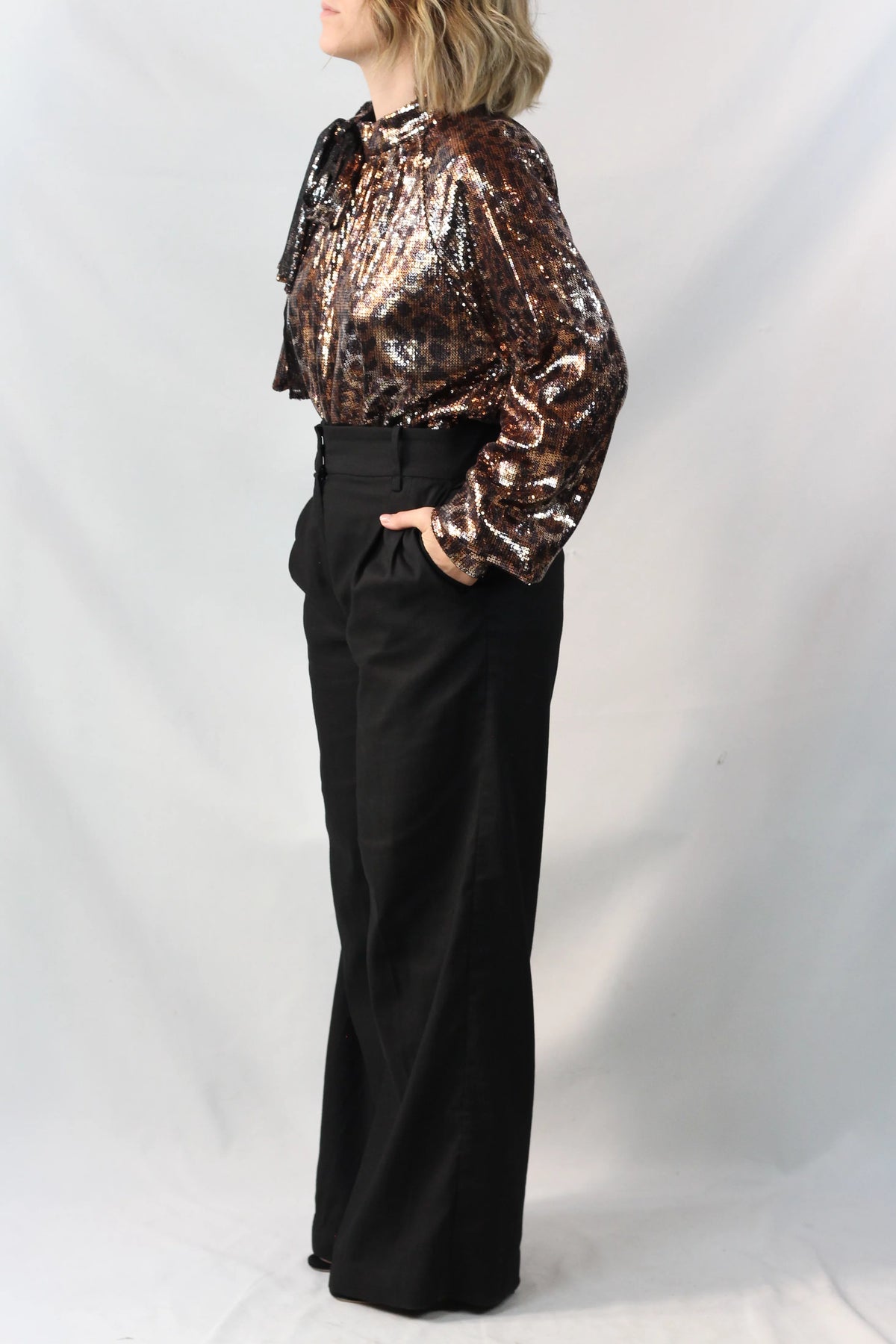 Sequin Leopard Print One-Shoulder Draped Top